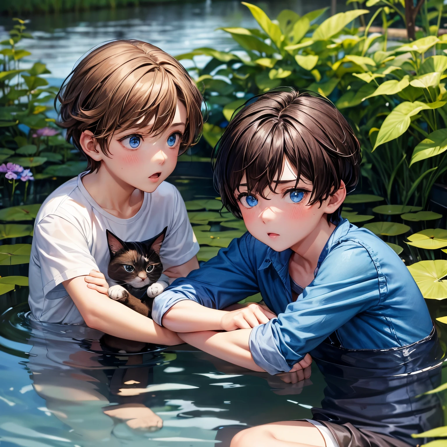 brown haired with blue eyed  boy who sulking with blue eyed cat in the pond