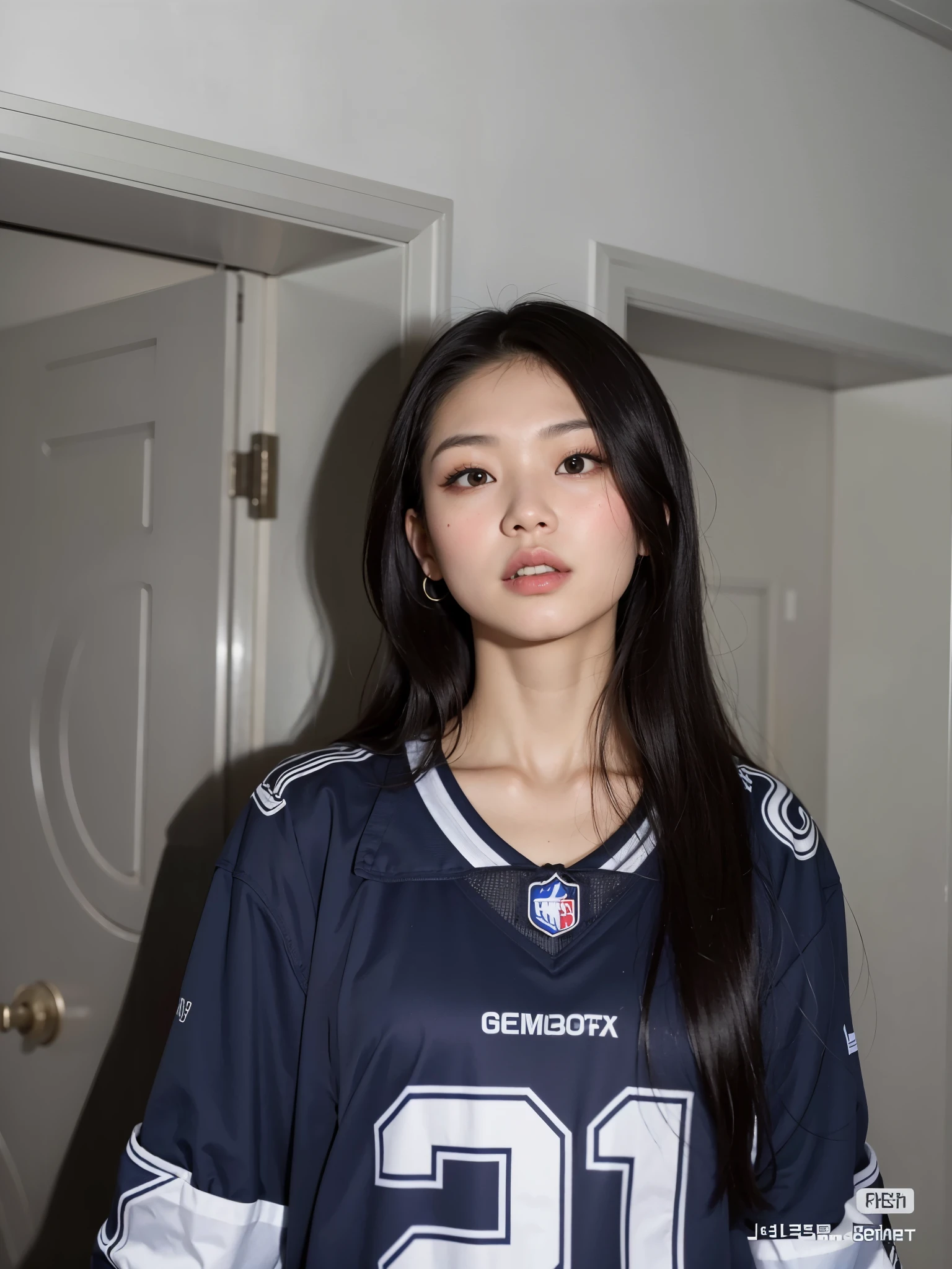 mulher arafa com camisa de futebol posando para uma foto, cruel korean goth girl, taejune kim, vestindo camisa da NBA, Asian woman, portrait of jossi do blackpink, gongbi, coreana, mulher coreana, jossi do blackpink, jennie blackpink, vestindo camisa de basquete, gema chen, a young Asian woman, half asian, she is facing the camera