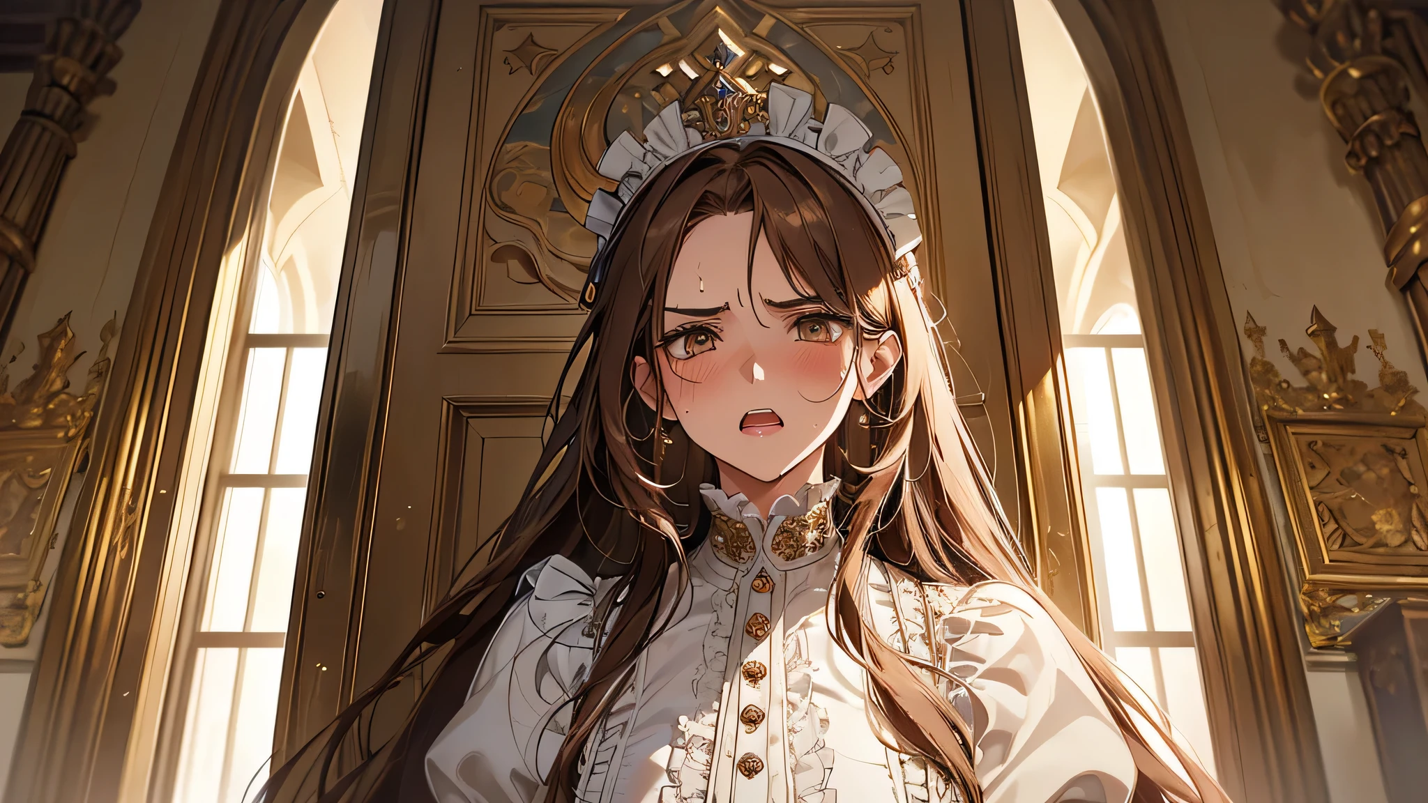 beautiful girl, thick brown hair, modelshoot style, (extremely detailed CG unity 8k wallpaper),full shot body photo of the most beautiful artwork in the world, stunningly beautiful photo realistic cute women intricately detailed costume,(Chateau de Versailles, Pisa Baptistery Of St. John background, angry, double-toothed, indignant, blush, sweat, detailed face, Some yell for maid to close the doors. The maid kinda hestitant but the lord keep yelling for her to close the doors. She agree and close the doors right away.