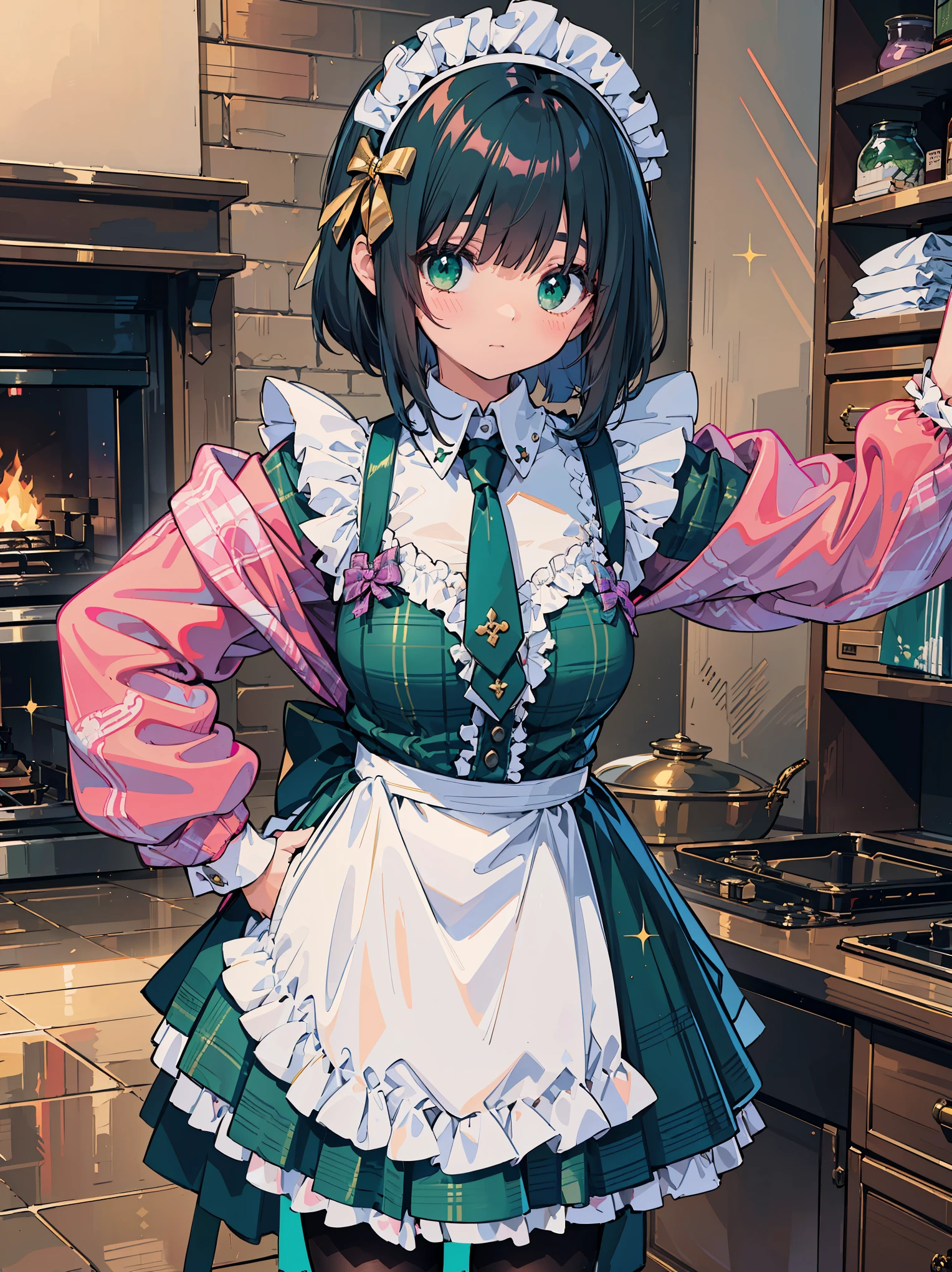 Anime girl in a green and white dress in a kitchen - SeaArt AI