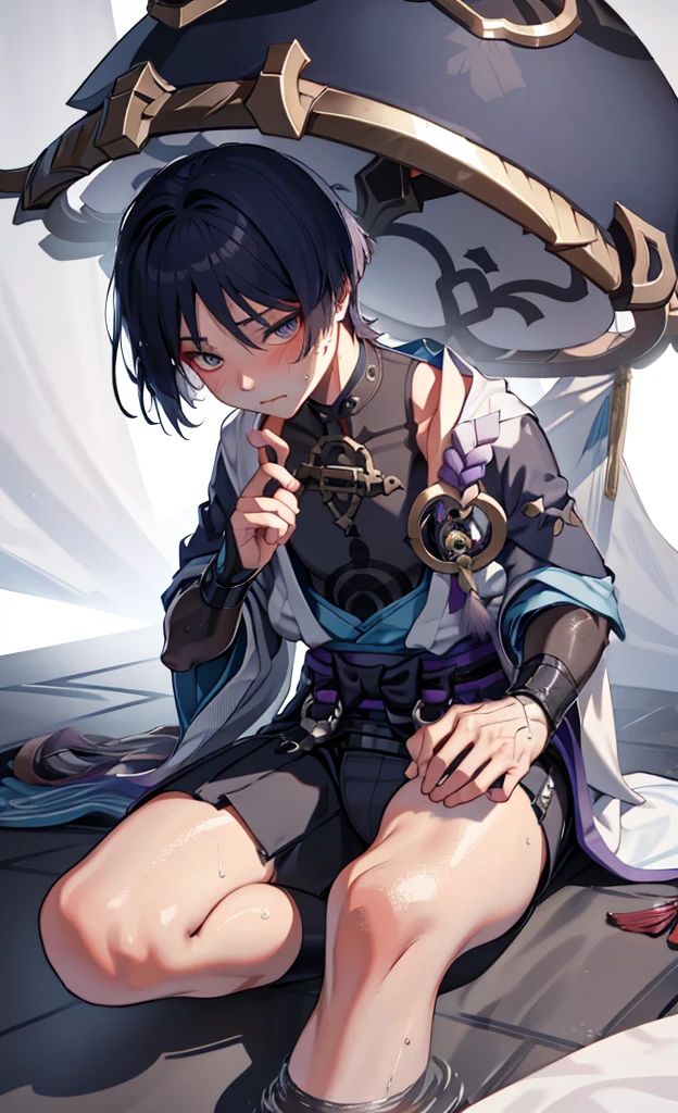 Genshin Wanderer,Genshin Wanderer,blush shy,The whole body is wet,Pick up clothes with hands,Leaking the body between his belly,sitting on bed,His