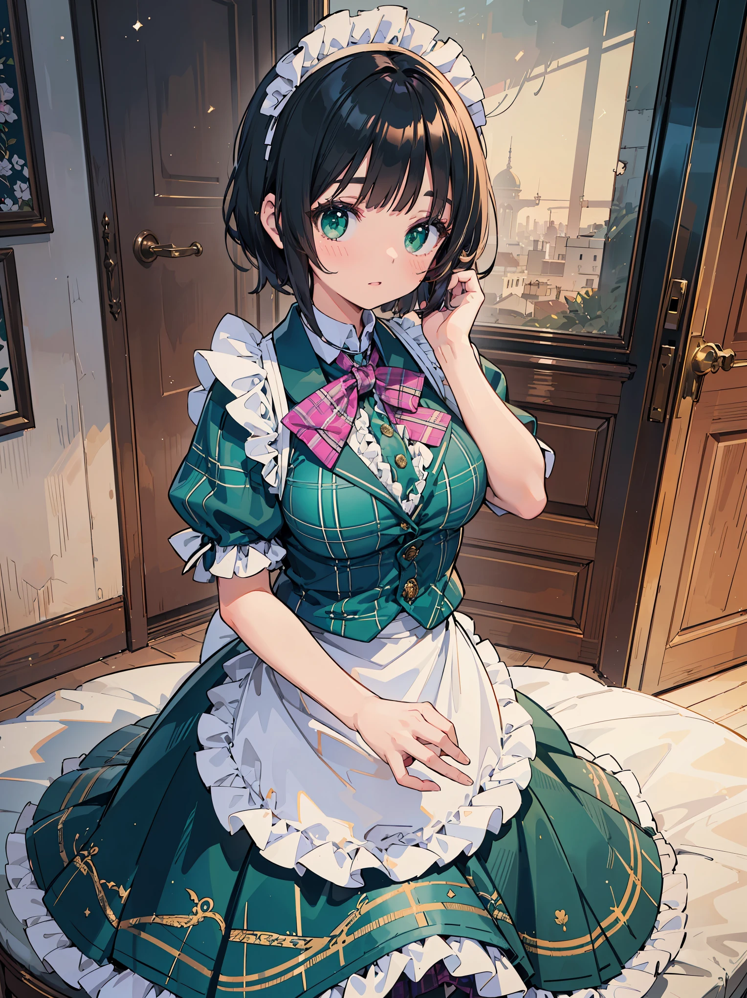 Legendary masterpieces、absolute resolution、Super detailed and realistic stick、one girl、cute girl、white brim、可愛いpink色の大きなリボン、(pink&Dark green plaid Victorian maid dress made of taffeta fabric, mainly shantung fabric and organdy fabric with beading processing.、:1.5)、With raschel stretch lace or tulle at the hem of the dress、(Gold buttons on the front:1.2)、(frills、red tie、White jacquard blouse:1.4)、(Peach cardigan with loop yarn and glitter、cable knit patterns:1.3)、(Shiny black tights denier２０:1.1)、One length bob cut braid black hair、Fine silky smooth hair、super detailed soft costume，