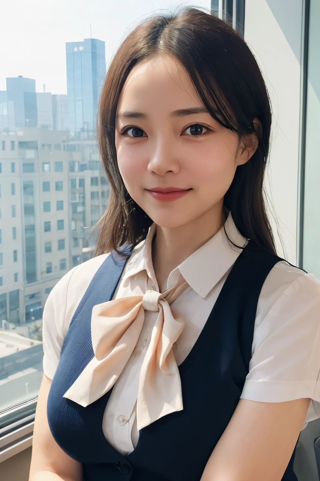 1 girl, mature woman, vest, bow, photograph, realistic, highest quality, hire, detailed face, office, building from the window, detailed background, diffused sunlight, Depth of bounds written, Bokeh