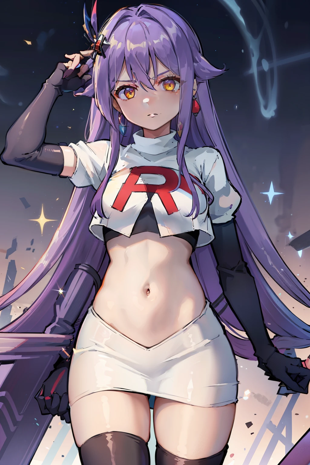 masterpiece, best quality, best 8k wallpaper, 
1 girl, cowboy shot, long hair, purple hair, bangs, yellow eyes, earrings, hair between eyes, hair ornament,team rocket,team rocket uniform,white skirt,red letter R,crop top,black thigh-highs,black elbow gloves, cowboy shot