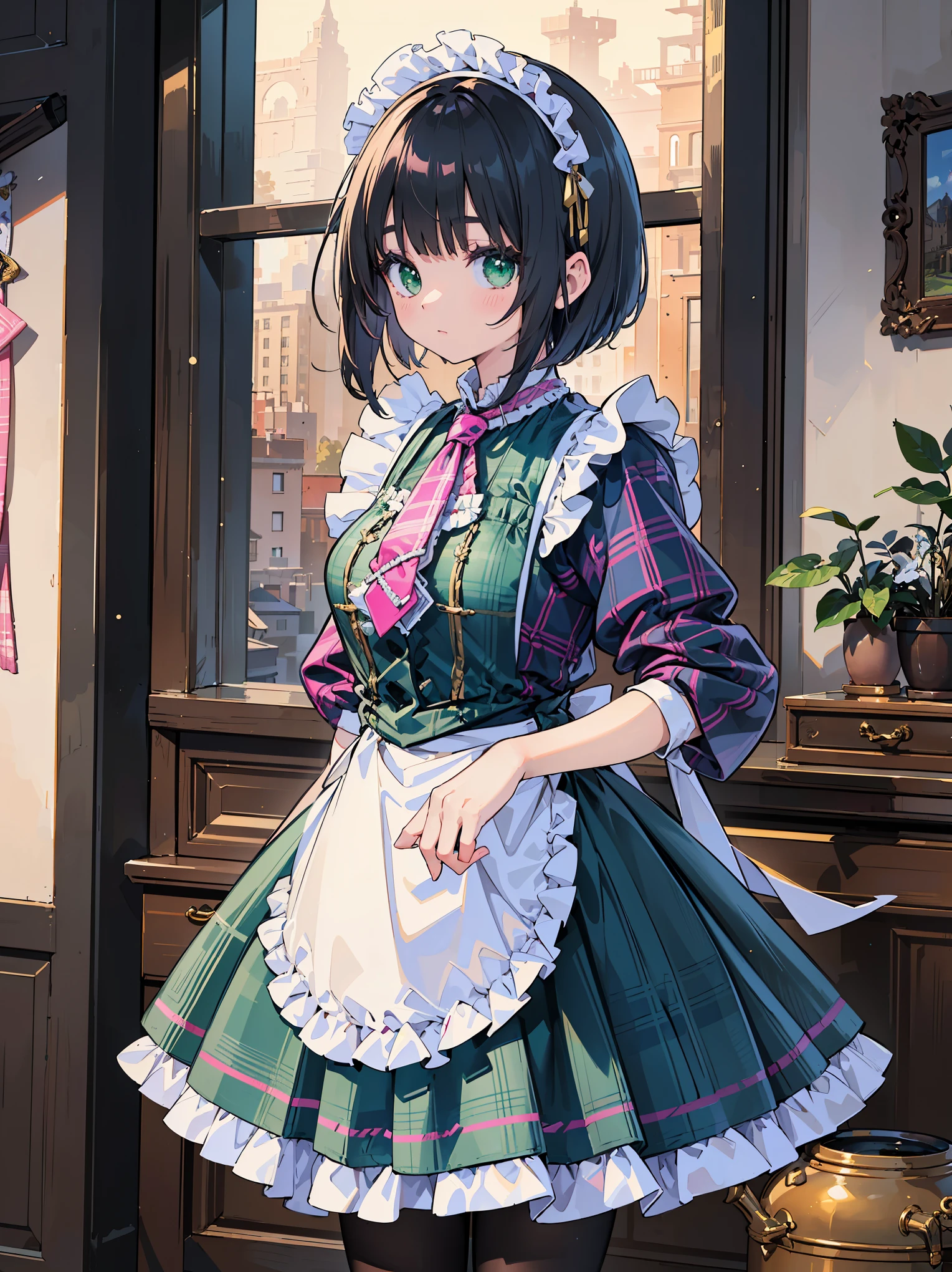 Legendary masterpieces、absolute resolution、Super detailed and realistic stick、one girl、cute girl、white brim、可愛いpink色の大きなリボン、(pink&Dark green plaid Victorian maid dress made of taffeta fabric, mainly shantung fabric and organdy fabric with beading processing.、:1.5)、With raschel stretch lace or tulle at the hem of the dress、(Gold buttons on the front:1.2)、(frills、red tie、White jacquard blouse:1.4)、(Peach cardigan with loop yarn and glitter、cable knit patterns:1.3)、(Shiny black tights denier２０:1.1)、One length bob cut braid black hair、Fine silky smooth hair、super detailed soft costume，