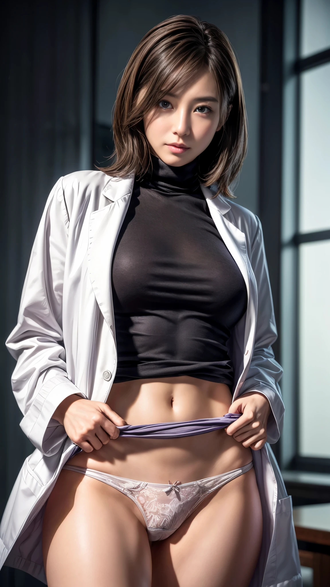 Beautiful woman、Different hairstyles、big breasts、((Women Scientist))、(PhD)、((Long lab coat))、(purple turtleneck sweater)、(black mini skirt)、(Research room、laboratory、graduate School)、glass tube、flask、((delicate pictures))，(Detailed RAW photos of girls), (muste piece:1.25), (best quality:1.6), (ultra high resolution:1.5), (It&#39;s photorealistic:1.75), 8K resolution,:1.6),  Canon EOS R5, 50mm, disorganized, Super detailed,cinematic lighting、((skirt lift))、sexy panties