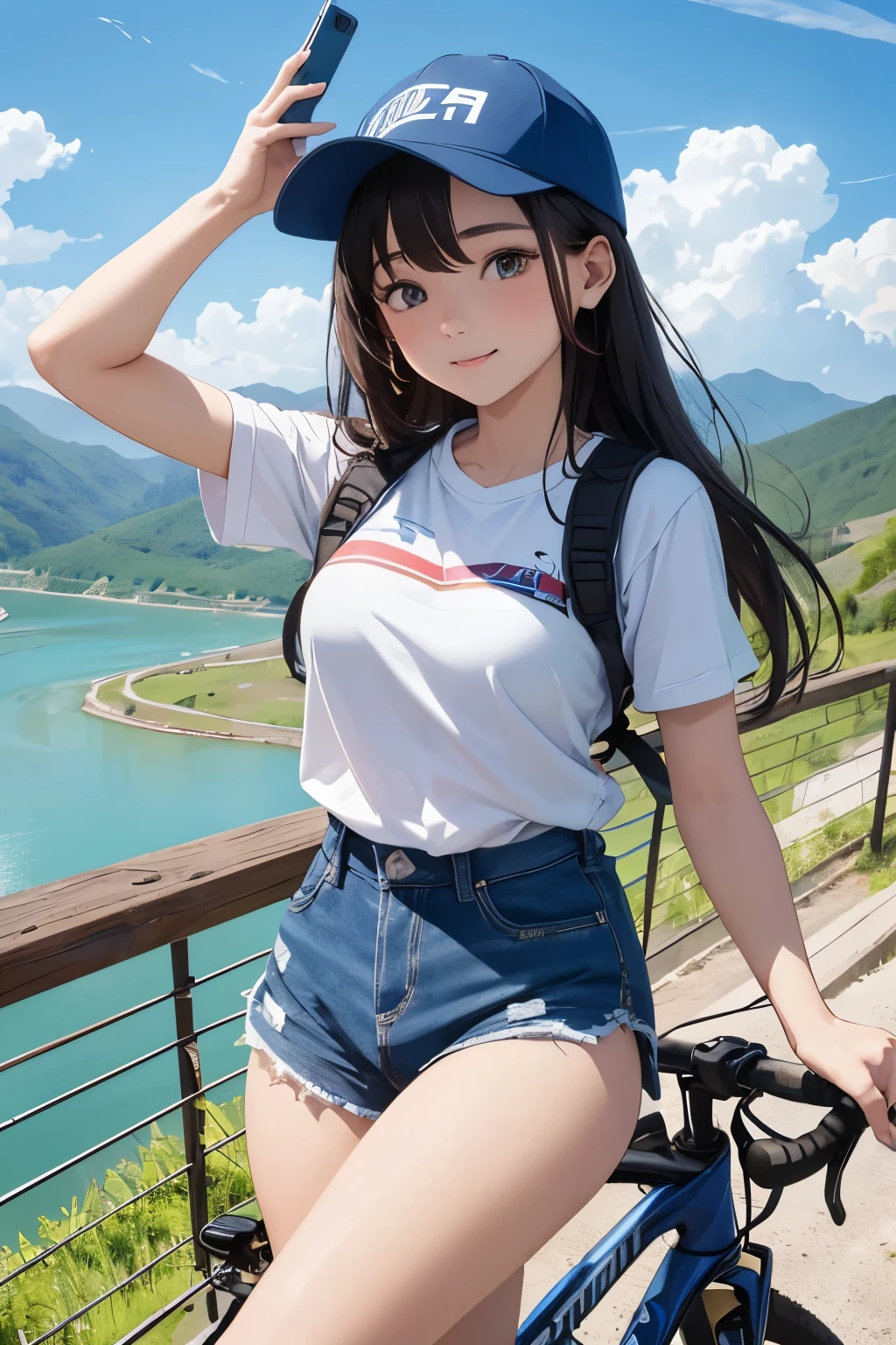 (highest quality、High resolution、8K、masterpiece:1.2、colorful)。Under a clear blue sky、A beautiful girl wearing a cap rides a mountain bike on the bank next to a beautiful river.。In a quirky fashion, he shows off his nimble run with his smartphone in hand.。