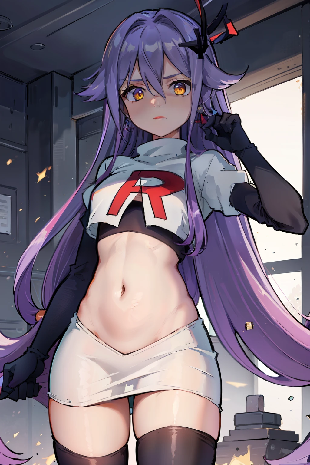 masterpiece, best quality, best 8k wallpaper,
1 girl, cowboy shot, long hair, purple hair, bangs, yellow eyes, earrings, hair between eyes, hair ornament,team rocket,team rocket uniform,white skirt,red letter R,crop top,black thigh-highs,black elbow gloves, cowboy shot