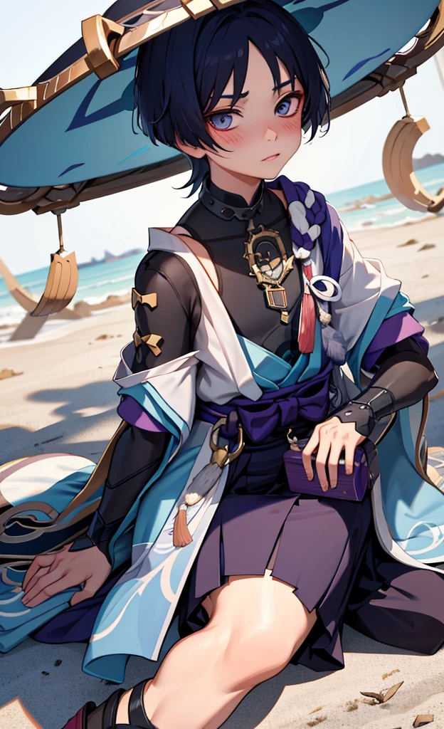 Genshin Wanderer,lie on the ground,There is a collar around my neck and I am holding it,look up,blush shy,The clothes are terrible