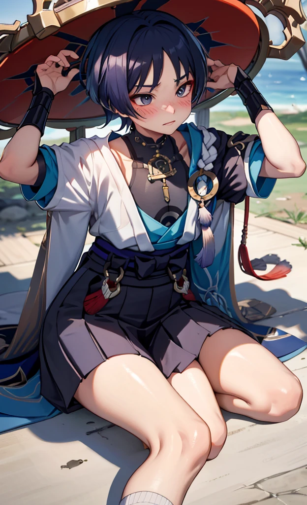 Genshin Wanderer,lie on the ground,There is a collar around my neck and I am holding it,look up,blush shy,The clothes are terrible