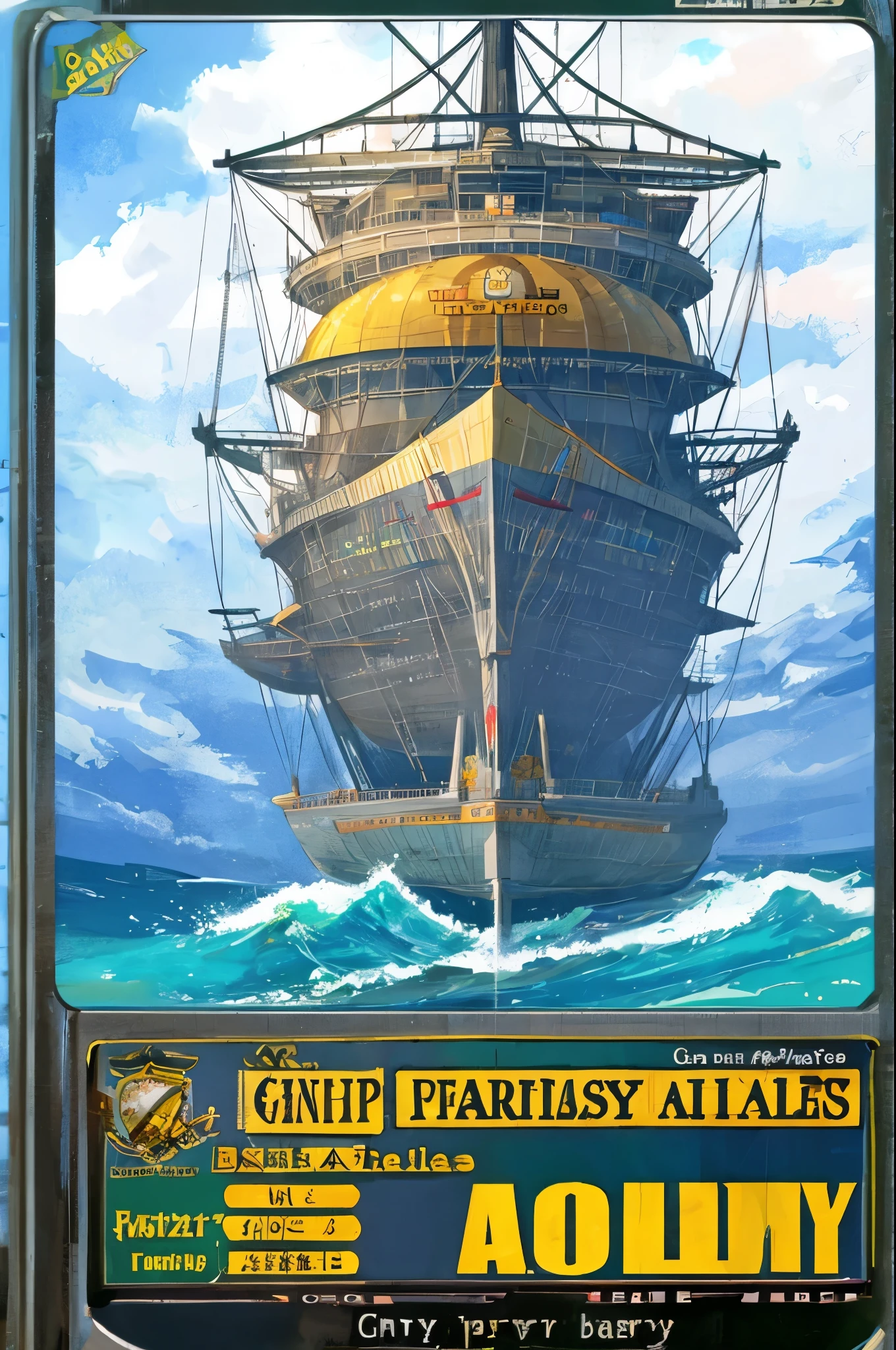 Airship flying in the sky in the world view of fantasy games, large electronic bulletin board,