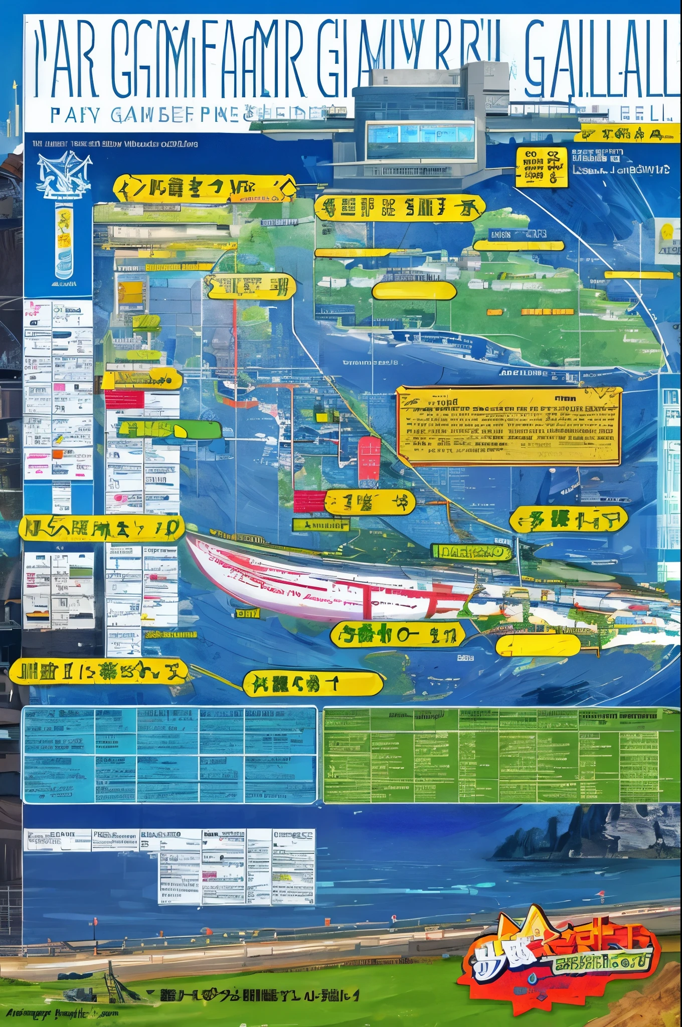 Airship flying in the sky in the world view of fantasy games, large electronic bulletin board,
