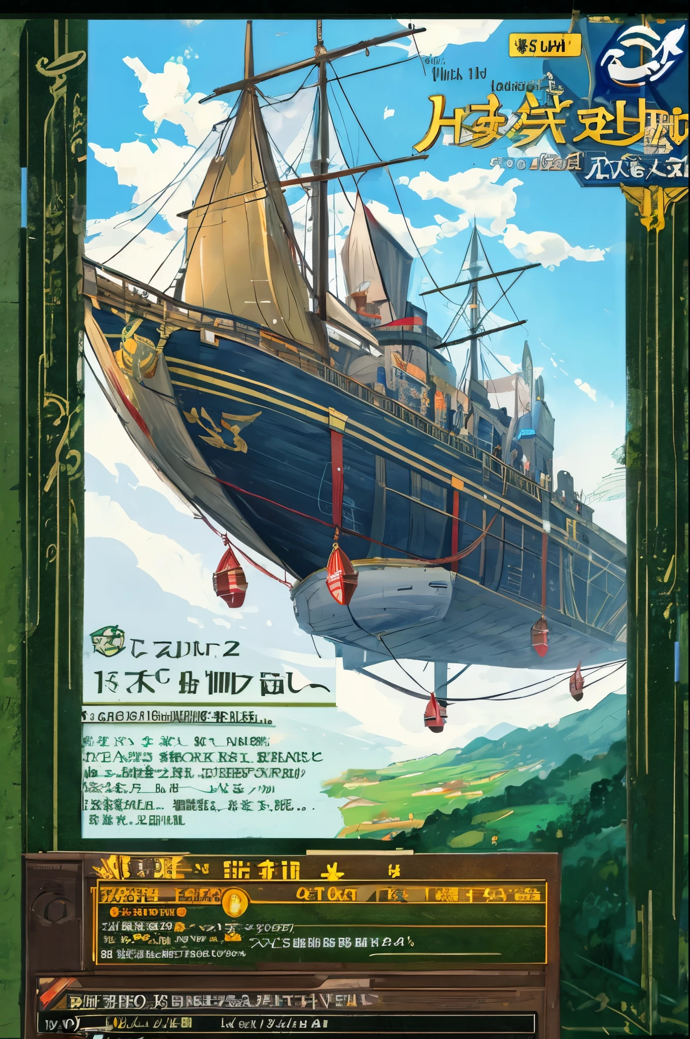 Airship flying in the sky in the world view of fantasy games, large electronic bulletin board,