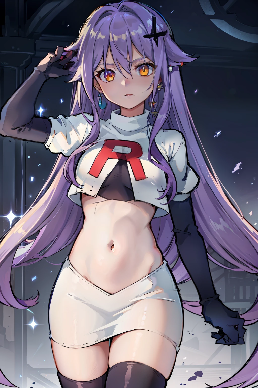 masterpiece, best quality, best 8k wallpaper,
1 girl, cowboy shot, long hair, purple hair, bangs, yellow eyes, earrings, hair between eyes, hair ornament,team rocket,team rocket uniform,white skirt,red letter R,crop top,black thigh-highs,black elbow gloves, cowboy shot