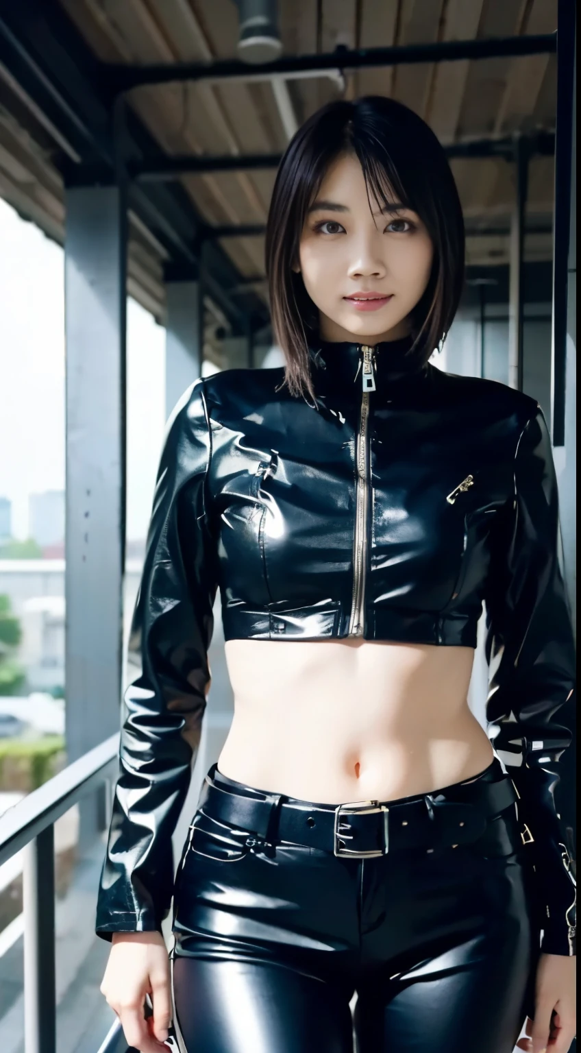 lolita, smile, 20-year-old, ((highest quality)), ((masterpiece)), (High resolution:1.3), ..3D, beautiful (cyber punk:1.3), Stylish woman, watch camera black leather clothing, No sleeve, embarrassing, invisible waist skin, blue black leather pants, silver zipper,Belt under the waist,super fine illustration,blonde hair , amount, silver zipper in the middle, leather blue black body, With sleeves: Blue Black, shiny,black hair,black hair,Yukie Nakama,