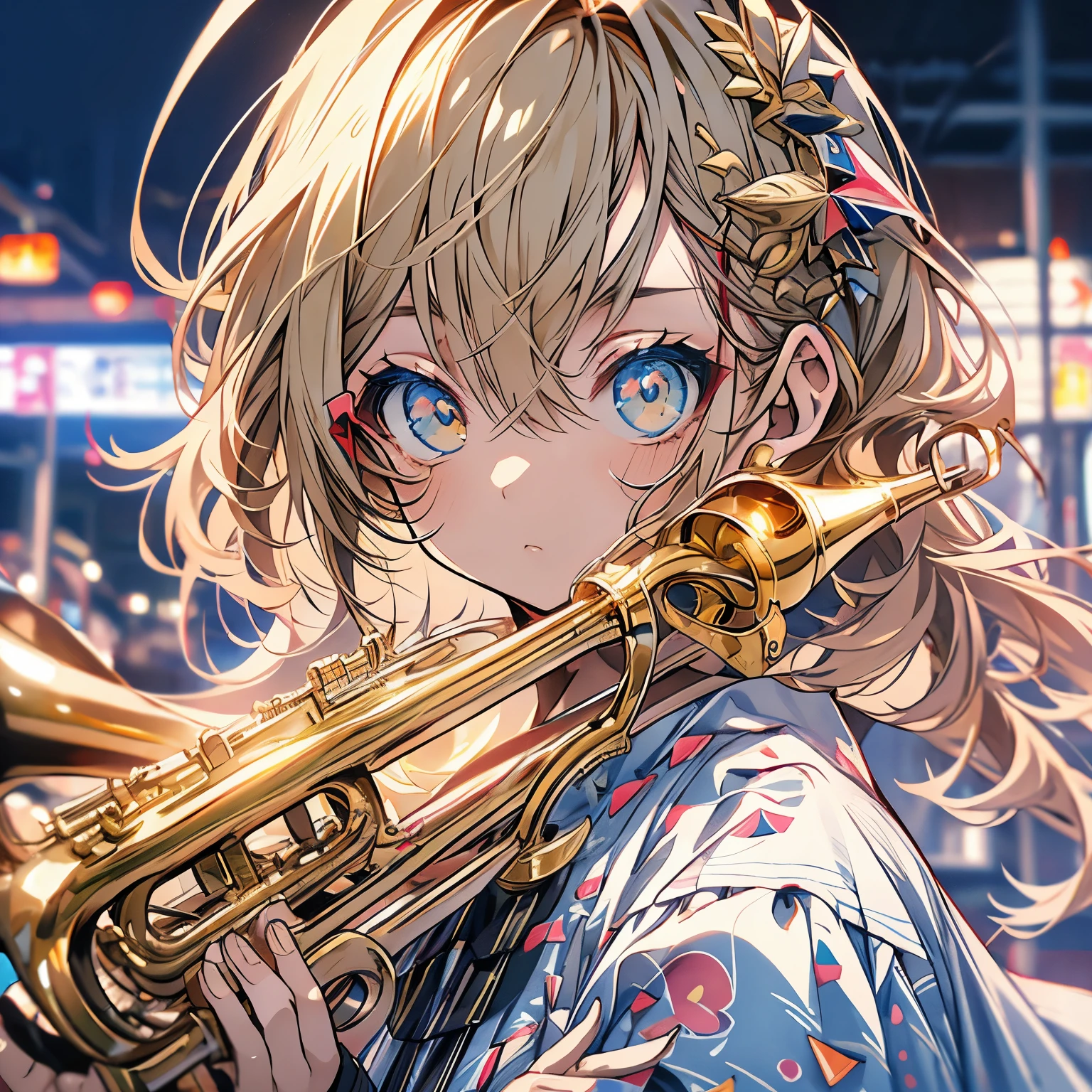 highest quality、masterpiece、anime girl、Brass band club、Blowing the trumpet、serious face、Upper body、ocher hair