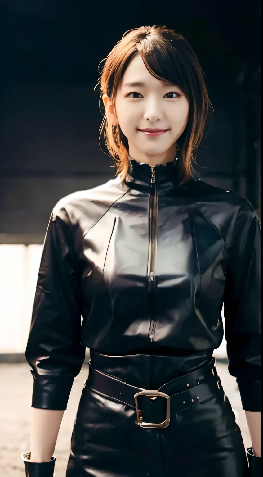 ta, smile, 20-year-old, ((highest quality)), ((masterpiece)), (High resolution:1.3), ..3D, beautiful (cyber punk:1.3), Stylish woman, watch camera black leather clothing, sleeveless, embarrassing, invisible waist skin, Blue-black leather pants, silver zipper,Belt under the waist,super fine illustration,blonde hair , amount, silver zipper in the middle, leather blue black body, With sleeves: Blue Black, shiny, black hair,