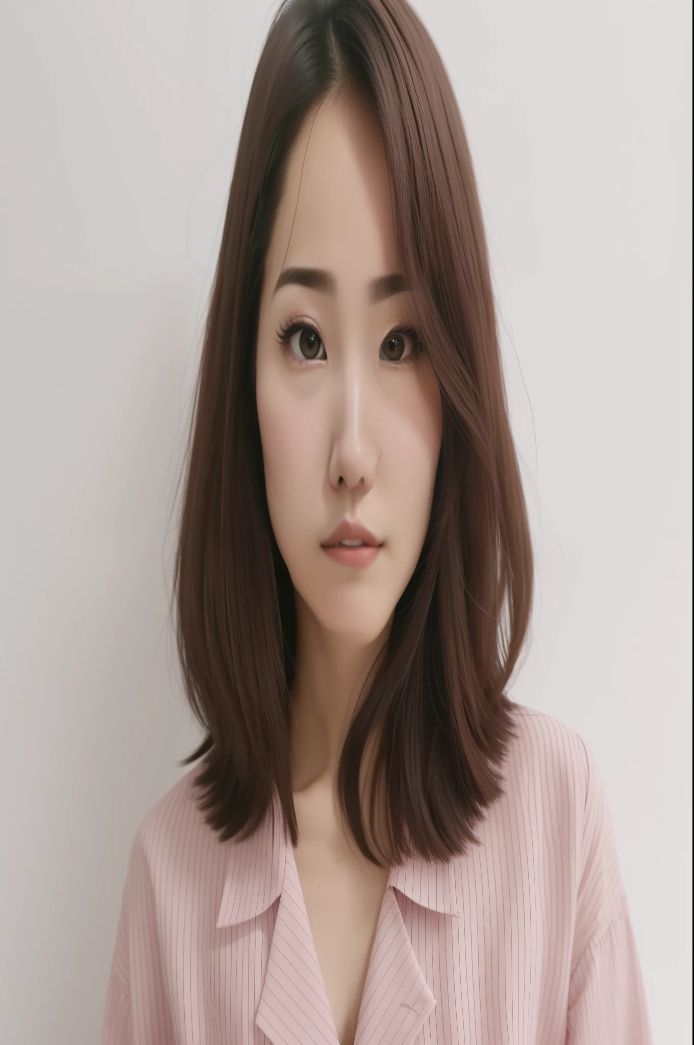 a close up of a woman with a pink shirt and a white background, jaeyeon nam, heonhwa choe, louise zhang, korean symmetrical face, with short hair, south east asian with round face, lee ji-eun, lee ji - eun, chengyou liu, shin min jeong, yun ling, wenfei ye, inspired by Kim Jeong-hui