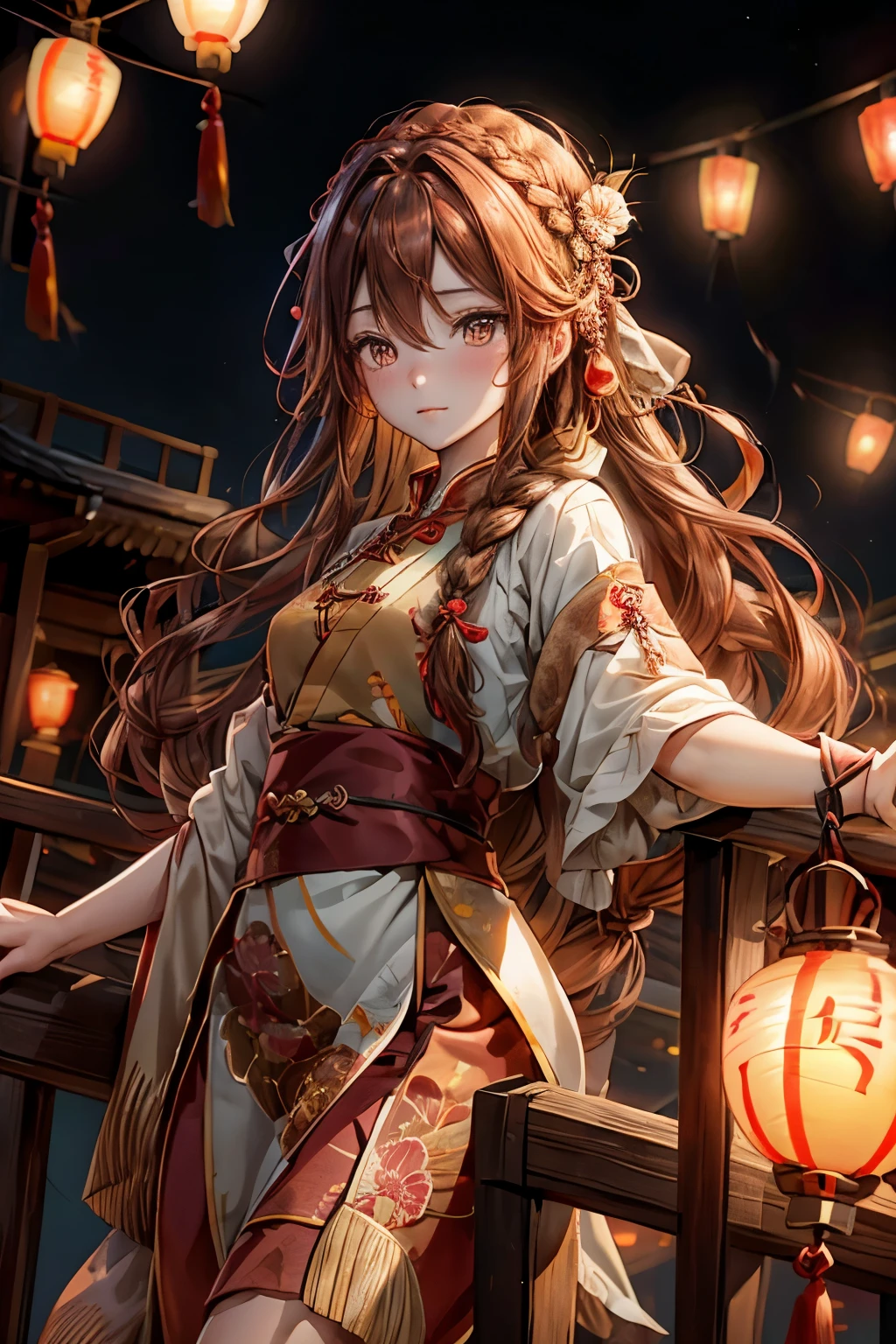 Beautiful girl, hair braided in a disheveled braid, brown hair with red strands, standing on a bridge, night, Chinese lanterns flying, delight on face, high quality