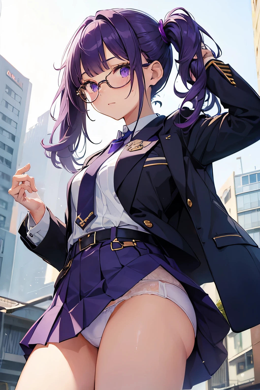 (masterpiece, best quality), 1 cute girl, glasses, 18 years old,
(shiny hair, diagonal bangs), (low twintails:0.9), (medium hair), (purple hair),
(blazer uniform, navy uniform), (lower body),(from below), break, white panties,wet,
crassroom,