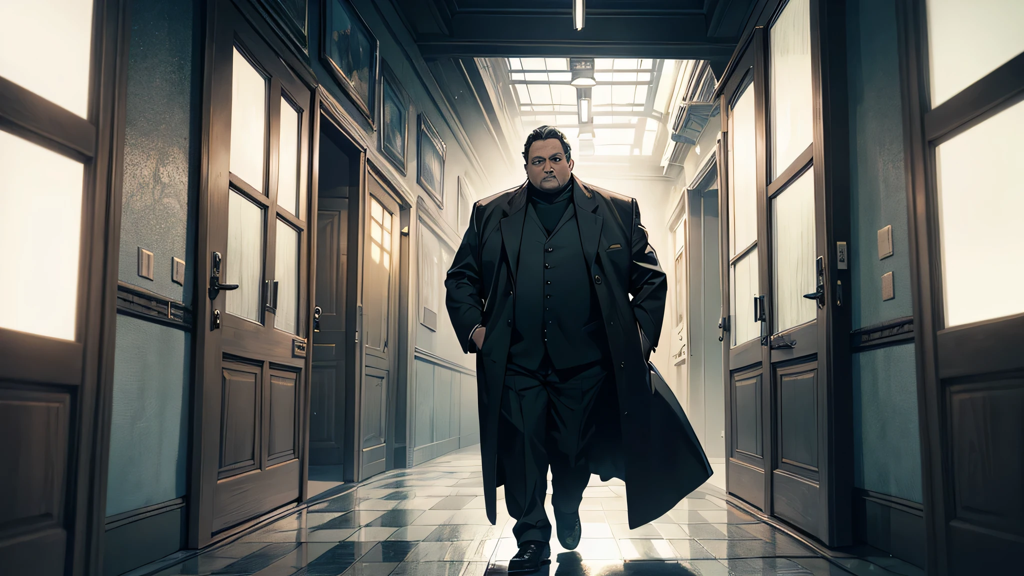 there is a chubby middle aged man in a long coat walking through a hallway, maarten schröder and tom bagshaw, lovecraftian atmosphere, by Artur Tarnowski, eerie nostalgic concept art, by Thomas Dalziel, film noir realistic, hp lovecraft style, by Derek Hill, darius zawadzki and tom bagshaw, by Joop Sanders, Valeria! Her name being called and asked her to open the door. The door was knocked on from the side of the hallway.