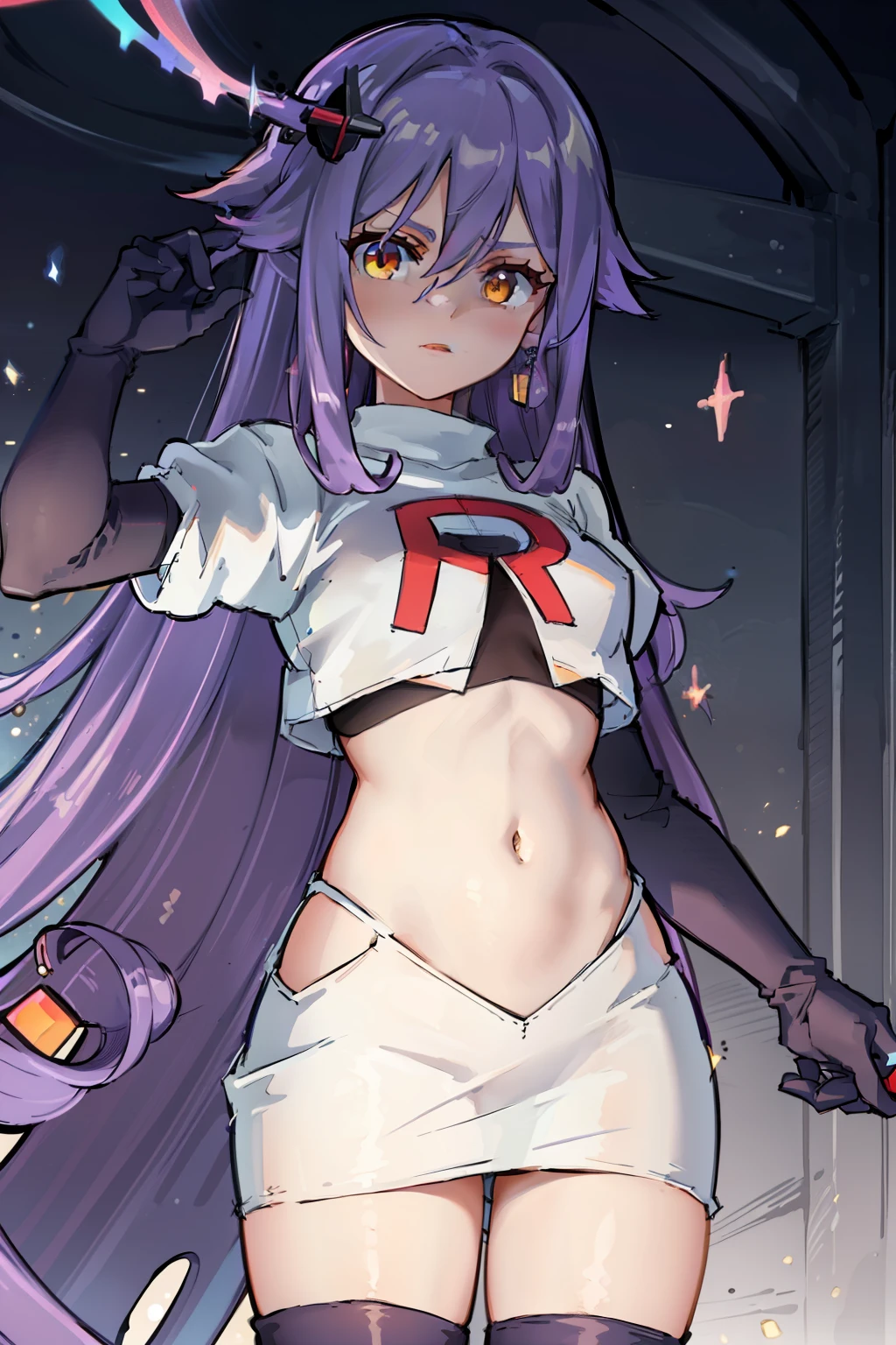 masterpiece, best quality, best 8k wallpaper,
1 girl, cowboy shot, long hair, purple hair, bangs, yellow eyes, earrings, hair between eyes, hair ornament,team rocket,team rocket uniform,white skirt,red letter R,crop top,black thigh-highs,black elbow gloves, cowboy shot