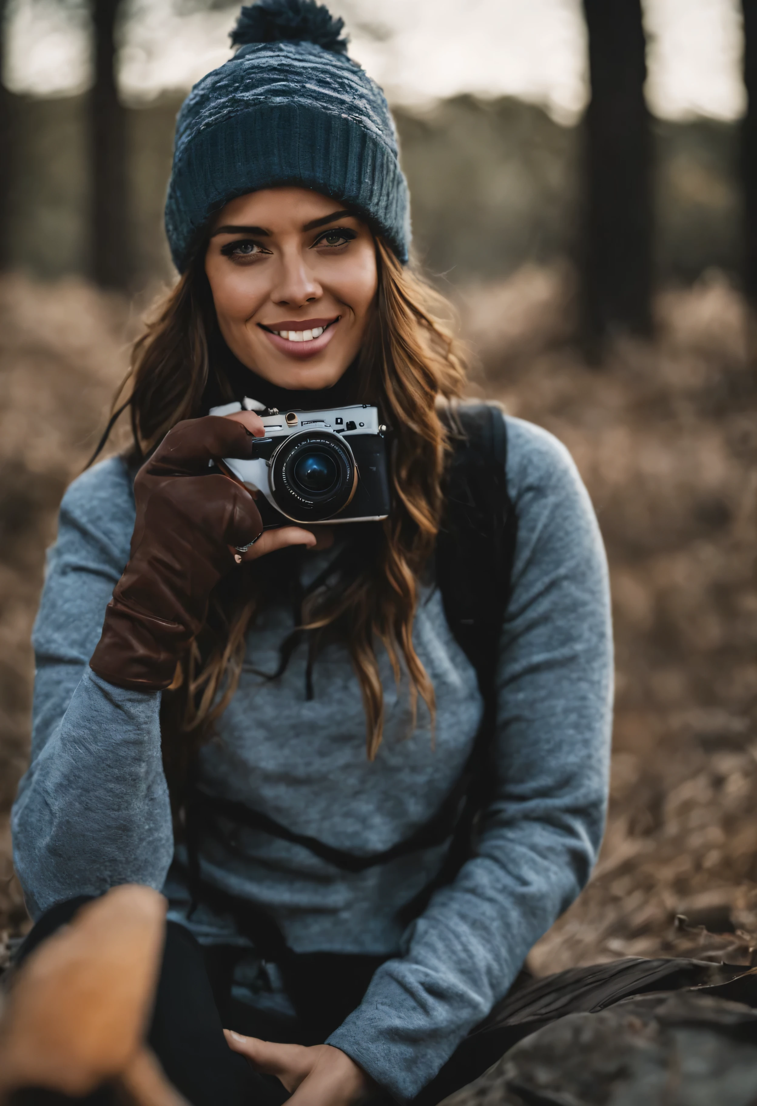 fotorrealista, Mejor calidad, Hiper detallado, mujer hermosa, Foto selfie, parte superior del cuerpo, solo, pull-over tragen, al fresco, (Noche), mountain, La naturaleza en la vida real, Estrellas, Luna, (alegre, feliz), Saco de dormir, Guantes, pull-over, gorro, Linterna, bosque, Roca, river, Madera, Humo, Zahn, cielos despejados, analog style, mirando al espectador, Hautstruktur, film grain, de cerca, ultra high resolution, Mejor sombra, .CRUDO, LUT de Instagram