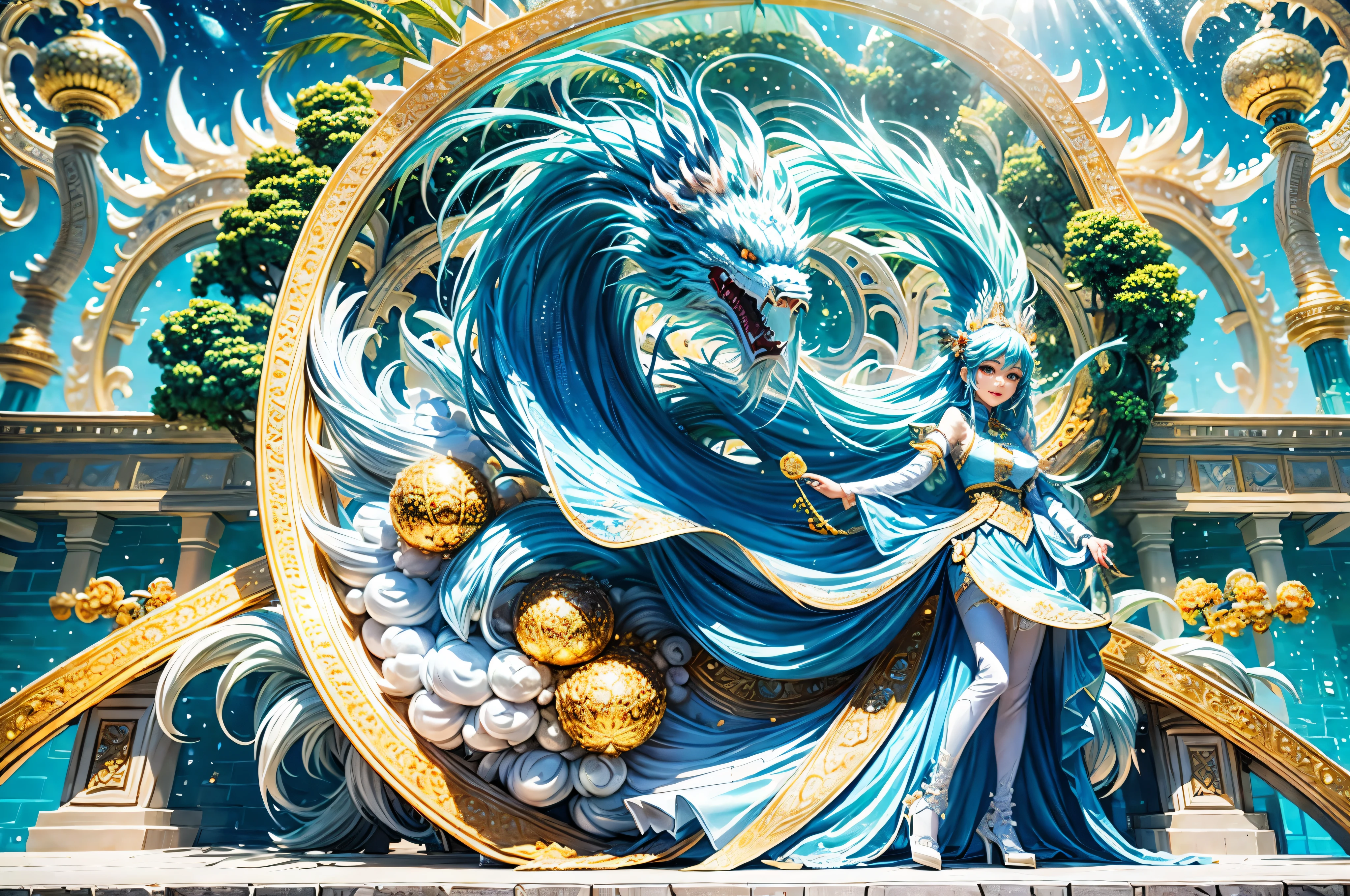 blue background,1 moon，(1 Chinese dragon，1 Cheongsam Girl, Smile)，rosette，(illustration:1.3，paper art:1.3, Quilted paper art:1.2, extremely bold outline),( Reasonable design, clear lines, high definition,best quality, Very detailed, masterpiece, movie lighting effects, 4K )