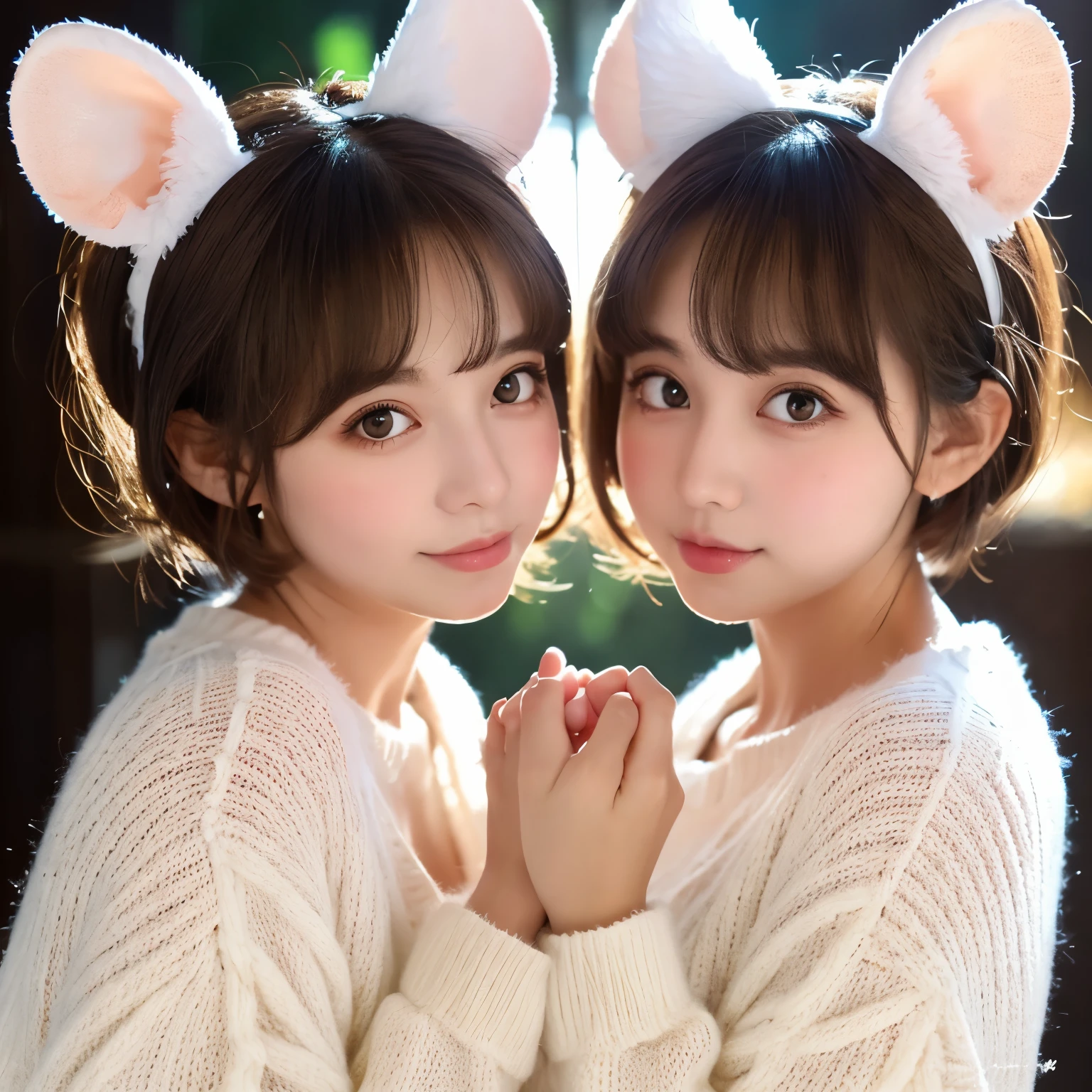 twins, Mouse Girls, short fluffy white hair, Large round mouse ears, white sweaters, holding hands, ((dark brown eyes)), Pair, Beautiful, shiny lips, Detailed eyes  