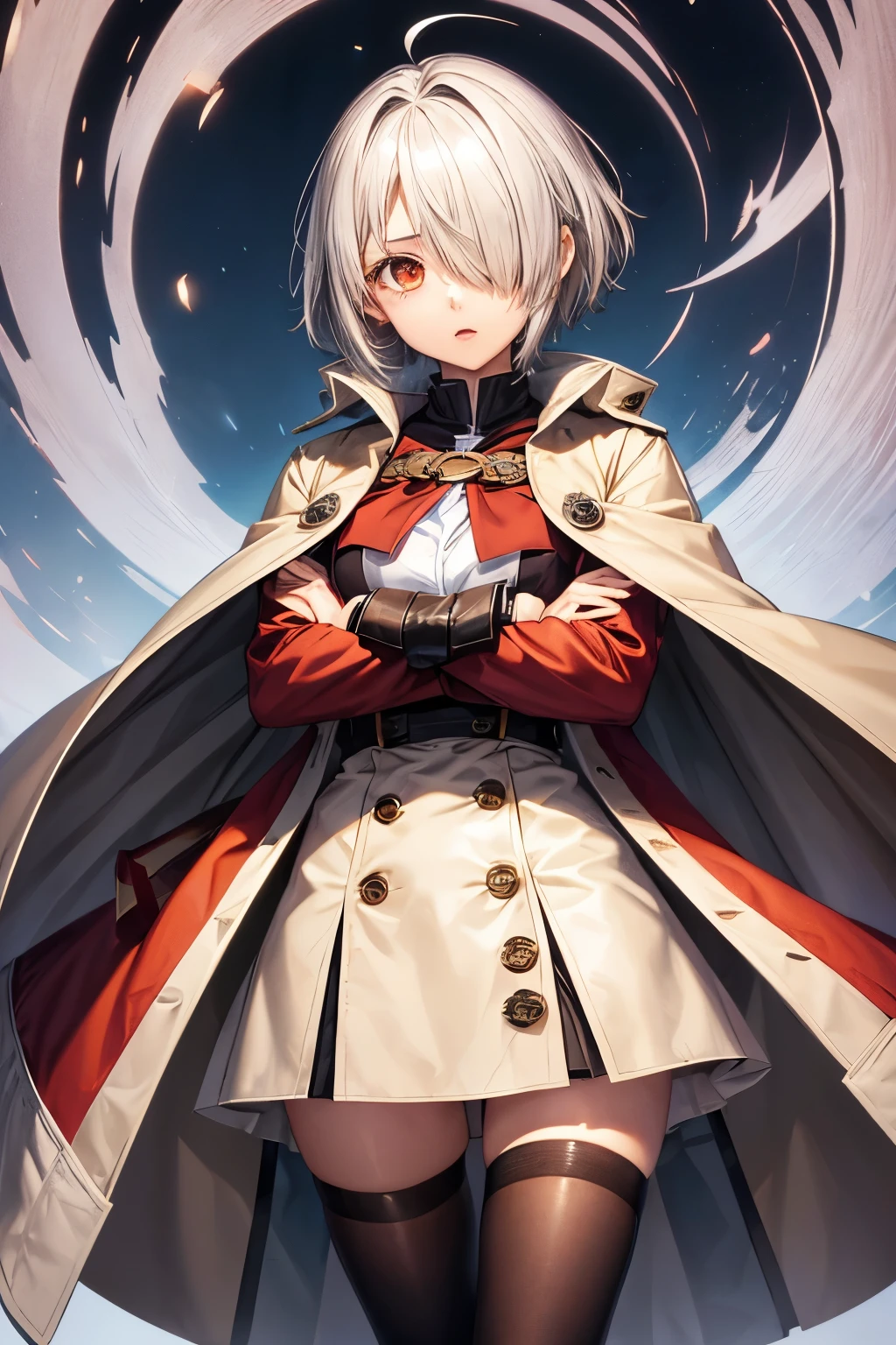 A 18 years old Japanese yandere((loves someone extremely)) lady(( small breast, slender)),(( folded her arms on her breast )), silver very short hair(( hair over one eye:1.4))(( much shaggy forelock)), hip length blue tunic , maximum length winter coat((beige coat, brown coat )), deep red short pants, long stockings, form below view , orange big round droopy eyes((enchanted)), looks almost sexual climax, best quality