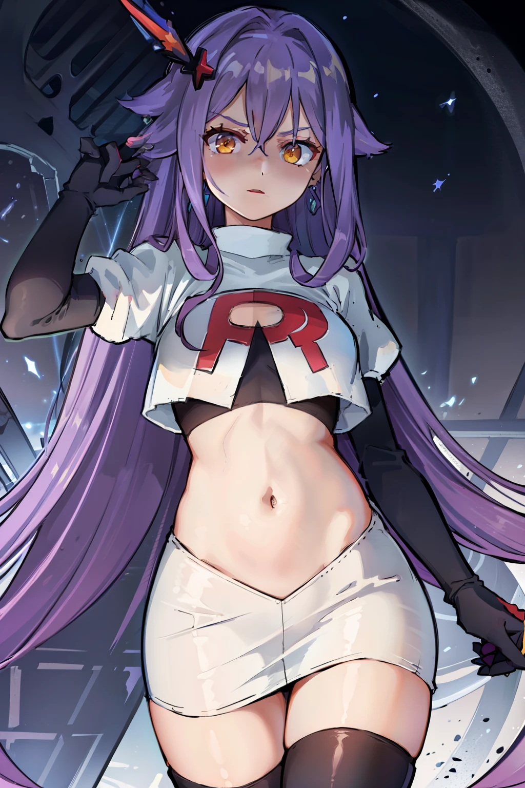 masterpiece, best quality, best 8k wallpaper, 
1 girl, cowboy shot, long hair, purple hair, bangs, yellow eyes, earrings, hair between eyes, hair ornament,team rocket,team rocket uniform,white skirt,red letter R,crop top,black thigh-highs,black elbow gloves, cowboy shot