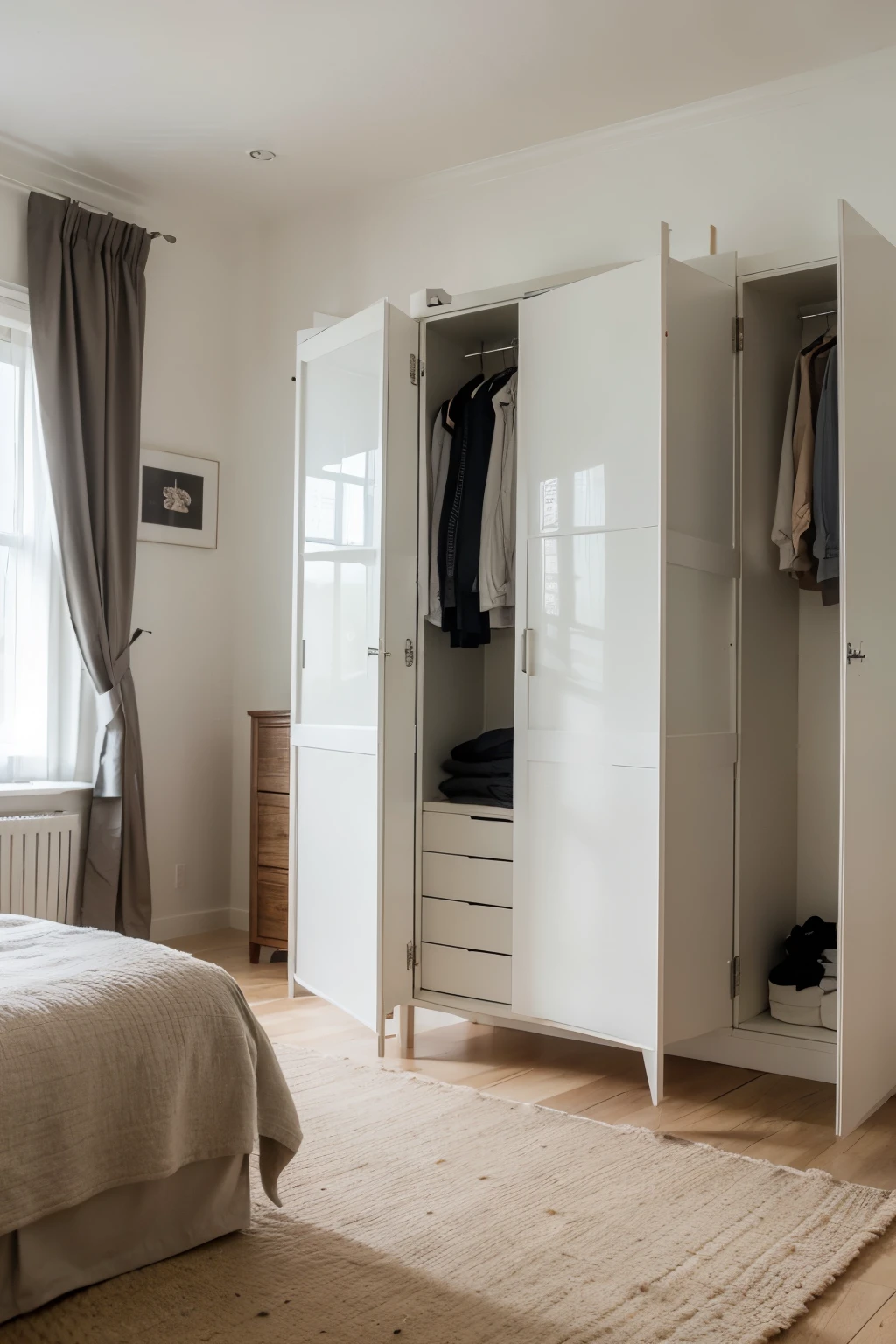 a wardrobe with 10 doors, 10 drawers, a wardrobe that brings harmony, a beautiful room. The image must be with him in full view. It must be modern