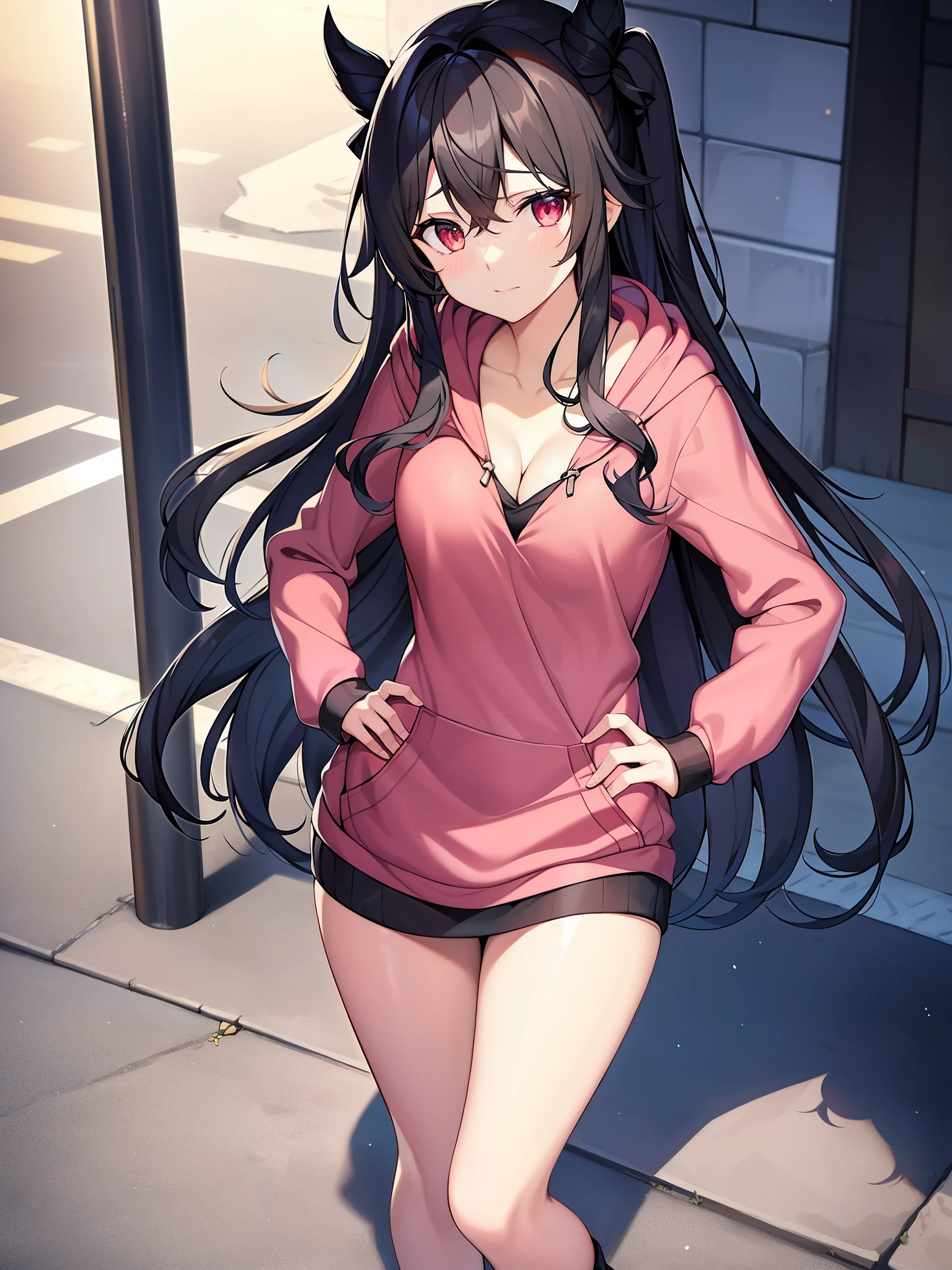 Ishtar \(destiny\)、1 girl、solo、cowboy shot、Are standing、hand on waist、Single Saihai、cleavage、black hair、((hoodie:1.2))、outdoor、street、