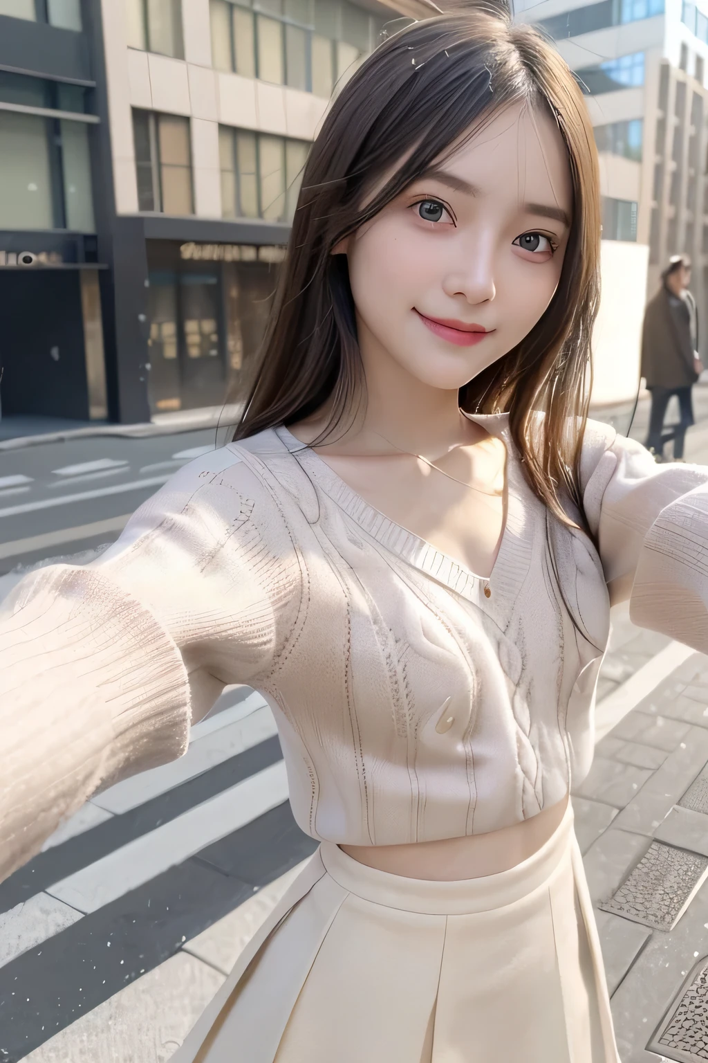pieces fly、masterpiece、highest quality、Super detailed、High resolution、High resolution、8K portrait、unity 8k wallpaper、Detailed CG、unity 8k wallpaper、Detailed CGユニティ8kの壁紙、realistic、real person、portrait photography、shiny skin、(:1.2)、(cute:1.2)、High resolution、beautiful clear eyes、very detailed explanation、delicate face、nice lips、thin waist、thin legs、1 girl、(urban area:1.3)、(Colorful long-sleeved knitwear:1.3)、(skinny pants:1.3)、(big smile:1.3)、(stop temporarily:1.3)、(flat chest:1.8)、(No bra:1.6)