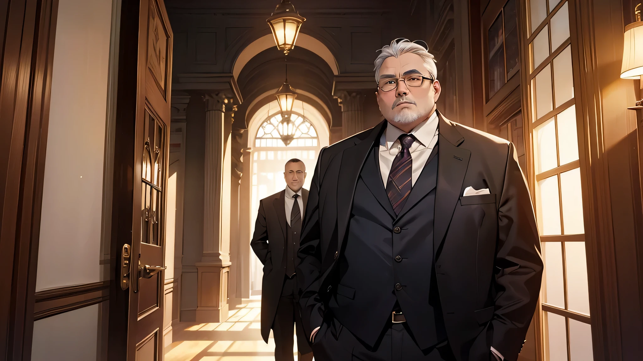 A wise middle aged man standing in front, illuminated by the light of a lamp, black suit, against the backdrop of a library, chubby man, Behind that closed doors, he keep saying that he demand an explanation and he never permit her to do this, especially since she is the only daughter of our House of Costacurta to become a Dominas.