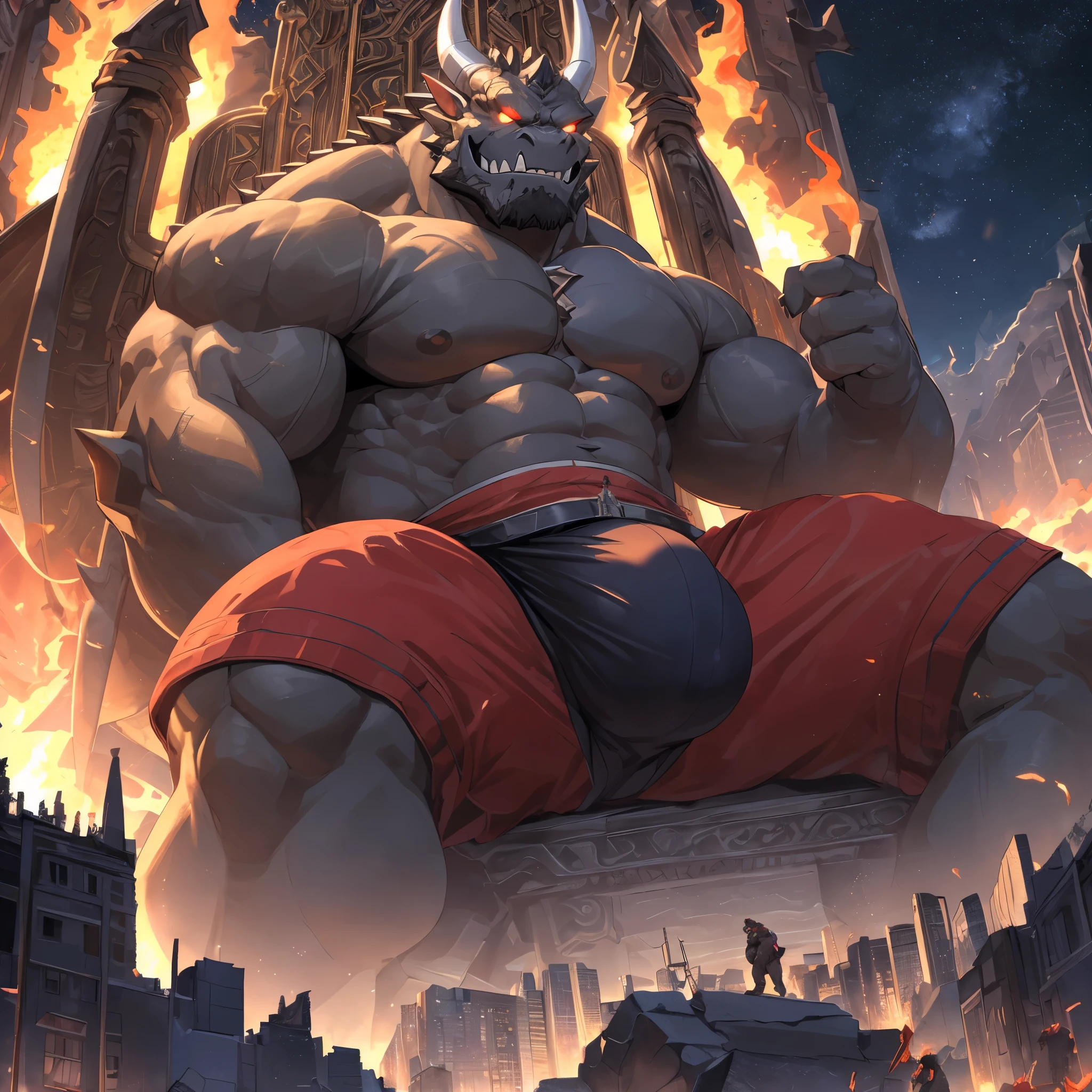 Dragon Orc,male,Strong build, (glowing eyes: 1.2), silver-gray skin is covered with hard, thick scales,pair of red wings on the back。long sharp teeth、Dragon horns and claws, (giant sized: 1.6), sitting on a throne, stepping on building, night time, rampage, impact, looking down, evil smile, thick arms, thick thighs, large pecs, (fat pecs: 1.1), (bara pecs: 1.1), macro, (landscape dwarfing: 1.5), city destruction, building destruction, destroyed city, city on fire, (city dwarfing: 1.2), giant penis, humanoid penis, macro, macro size, enormous size, (giant bulge in crotch: 1.6), tight bulge, tiny soldiers running away, dutch angle, low angle