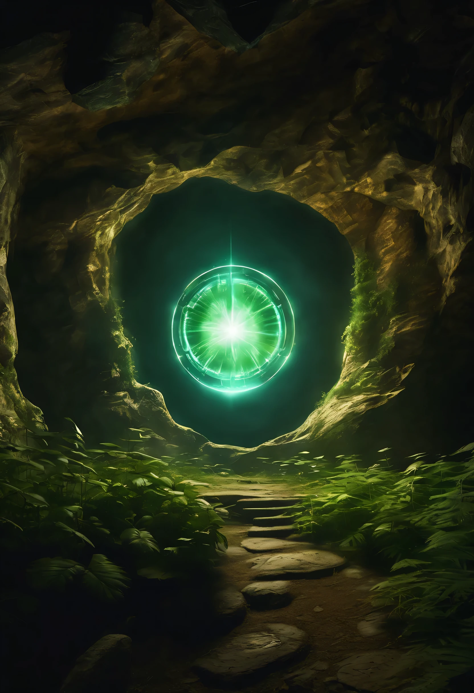 Huge cave,empty,In an old and ancient cave,this &Quote;Space-time portals&Quote; suspended in the air,Science fiction,glow faintly,Web portals:1.37.forgotten ancient cave,weeds,exotic plants