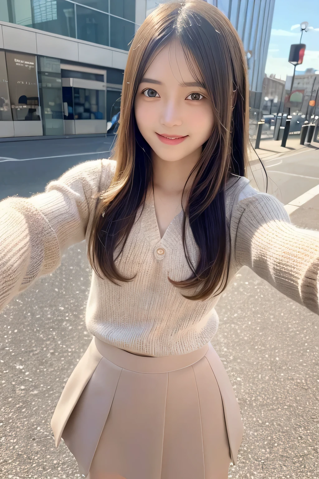 pieces fly、masterpiece、highest quality、Super detailed、High resolution、High resolution、8K portrait、unity 8k wallpaper、Detailed CG、unity 8k wallpaper、Detailed CGユニティ8kの壁紙、realistic、real person、portrait photography、shiny skin、(20-year-old:1.2)、(cute:1.2)、High resolution、beautiful clear eyes、very detailed explanation、delicate face、cute face、nice lips、thin waist、thin legs、(eight-headed body:1.6)、1 girl、(urban area:1.2)、(flat chest:1.6)、(sweater:1.5)、(flare skirt:1.3)、(big smile:1.2)、(Self snap:1.6)