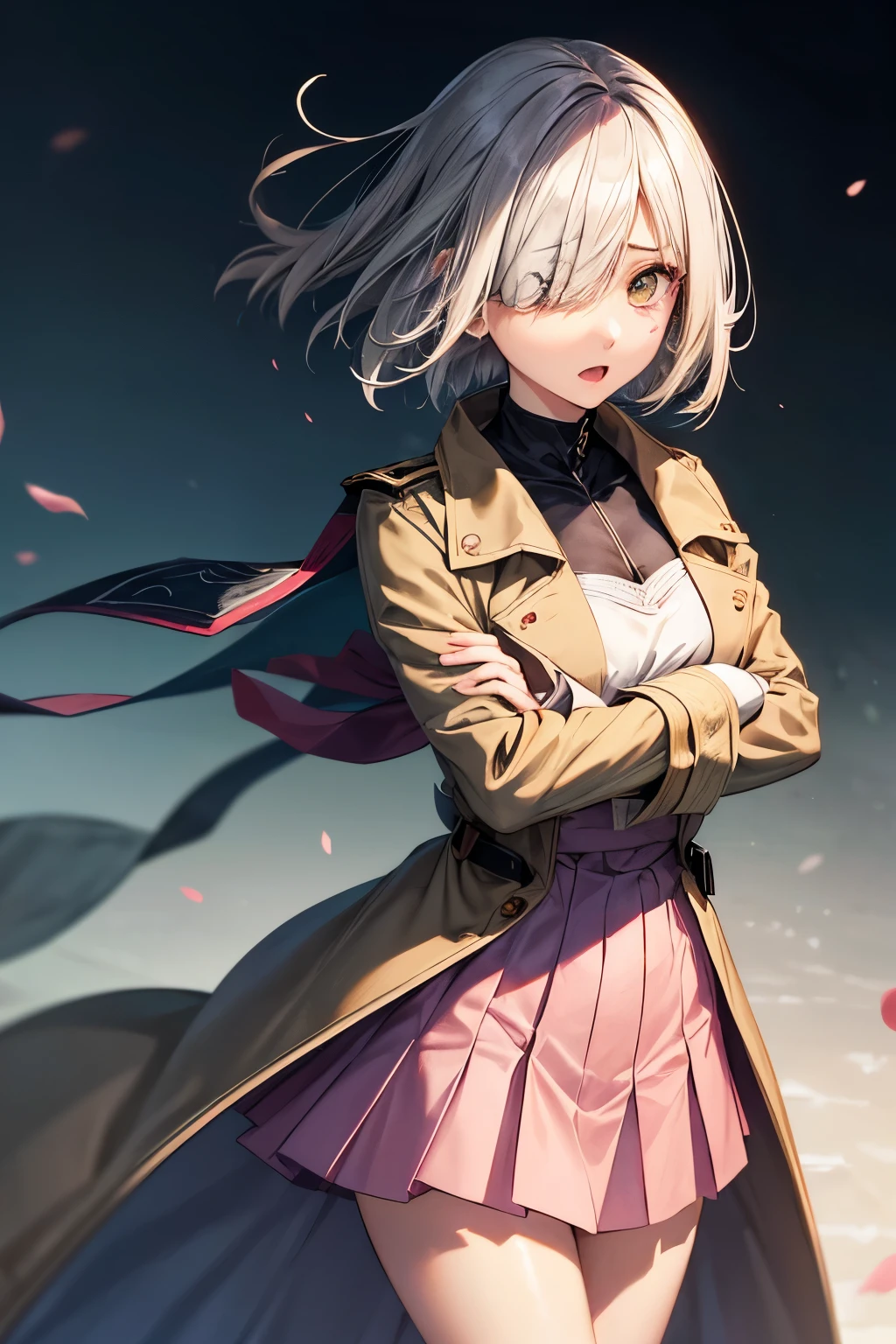 A 18 years old Japanese yandere((loves someone extremely)) lady(( small breast, slender)),(( folded her arms on her breast )), silver very short hair(( hair over one eye:1.4))(( much shaggy forelock)), hip length tunic((blue,pale green)), maximum length winter coat((beige coat, brown coat )), long length skirt (( pink, pale red)),form below view , orange big round droopy eyes((enchanted)), looks almost sexual climax, best quality