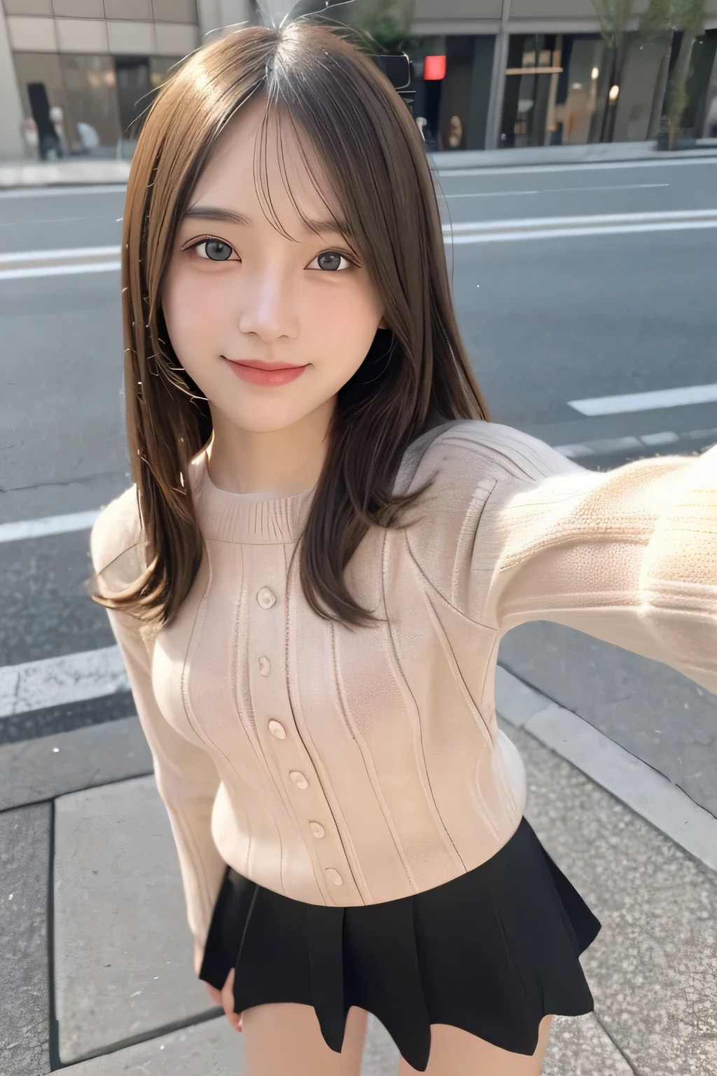 pieces fly、masterpiece、highest quality、Super detailed、High resolution、High resolution、8K portrait、unity 8k wallpaper、Detailed CG、unity 8k wallpaper、Detailed CGユニティ8kの壁紙、realistic、real person、portrait photography、shiny skin、(20-year-old:1.2)、(cute:1.2)、High resolution、beautiful clear eyes、very detailed explanation、delicate face、cute face、nice lips、thin waist、thin legs、(eight-headed body:1.6)、1 girl、(urban area:1.2)、(flat chest:1.6)、(sweater:1.5)、(flare skirt:1.3)、(big smile:1.2)、(Self snap:1.6)