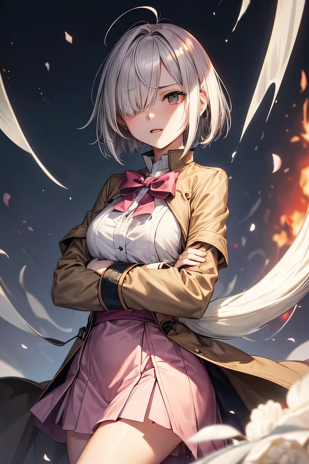 A 18 years old Japanese yandere((loves someone extremely)) lady(( small breast, slender)),(( folded her arms on her breast )), silver very short hair(( hair over one eye:1.4))(( much shaggy forelock)), hip length tunic((blue,pale green)), maximum length winter coat((beige coat, brown coat )), long length skirt (( pink, pale red)),form below view , orange big round droopy eyes((enchanted)), looks almost sexual climax, best quality