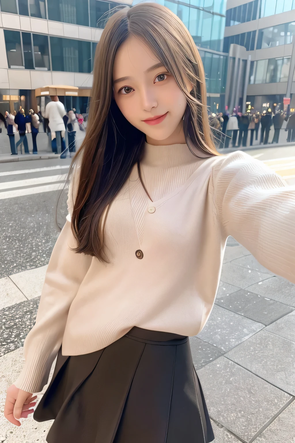 pieces fly、masterpiece、highest quality、Super detailed、High resolution、High resolution、8K portrait、unity 8k wallpaper、Detailed CG、unity 8k wallpaper、Detailed CGユニティ8kの壁紙、realistic、real person、portrait photography、shiny skin、(20-year-old:1.2)、(cute:1.2)、High resolution、beautiful clear eyes、very detailed explanation、delicate face、cute face、nice lips、thin waist、thin legs、(eight-headed body:1.6)、1 girl、(urban area:1.2)、(flat chest:1.6)、(sweater:1.5)、(flare skirt:1.3)、(big smile:1.2)、(Self snap:1.6)