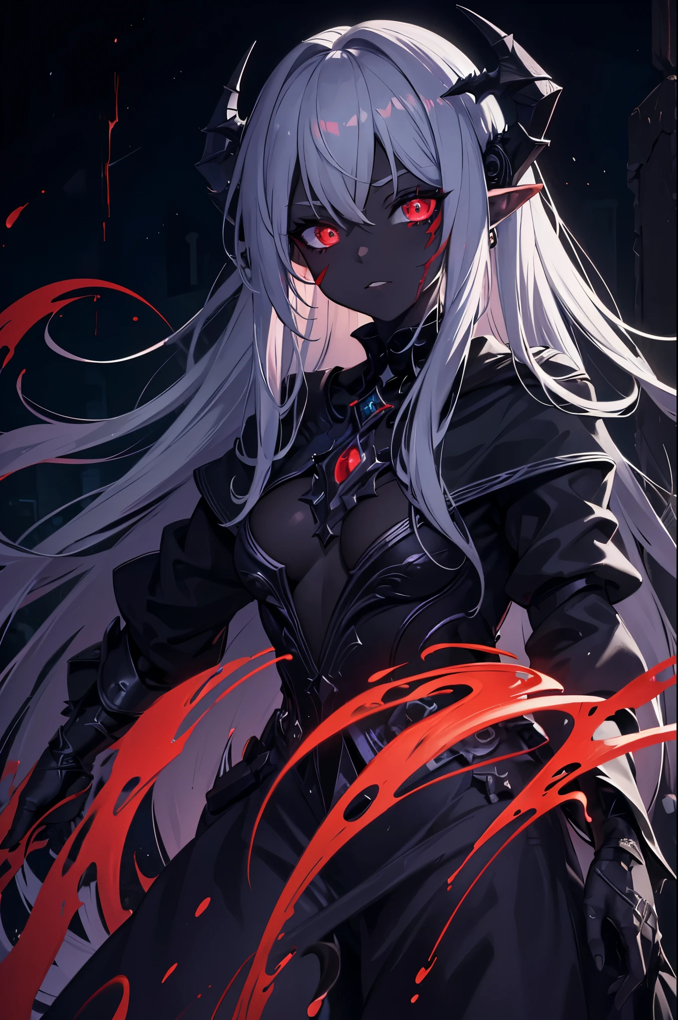 masterpiece, best quality, ((girl)), (colorful),(finely detailed beautiful eyes and detailed face),cinematic lighting,extremely detailed CG unity 8k wallpaper, (dark theme:1.6), light, fantasy, Elf Ears, grey hair and red eyes, dark Skin, Dragon girl, Evil queen, lovecraftian, corrupted, scarred, scars, evil, red enviroment, hell, crazy, deformed, red scars on face
