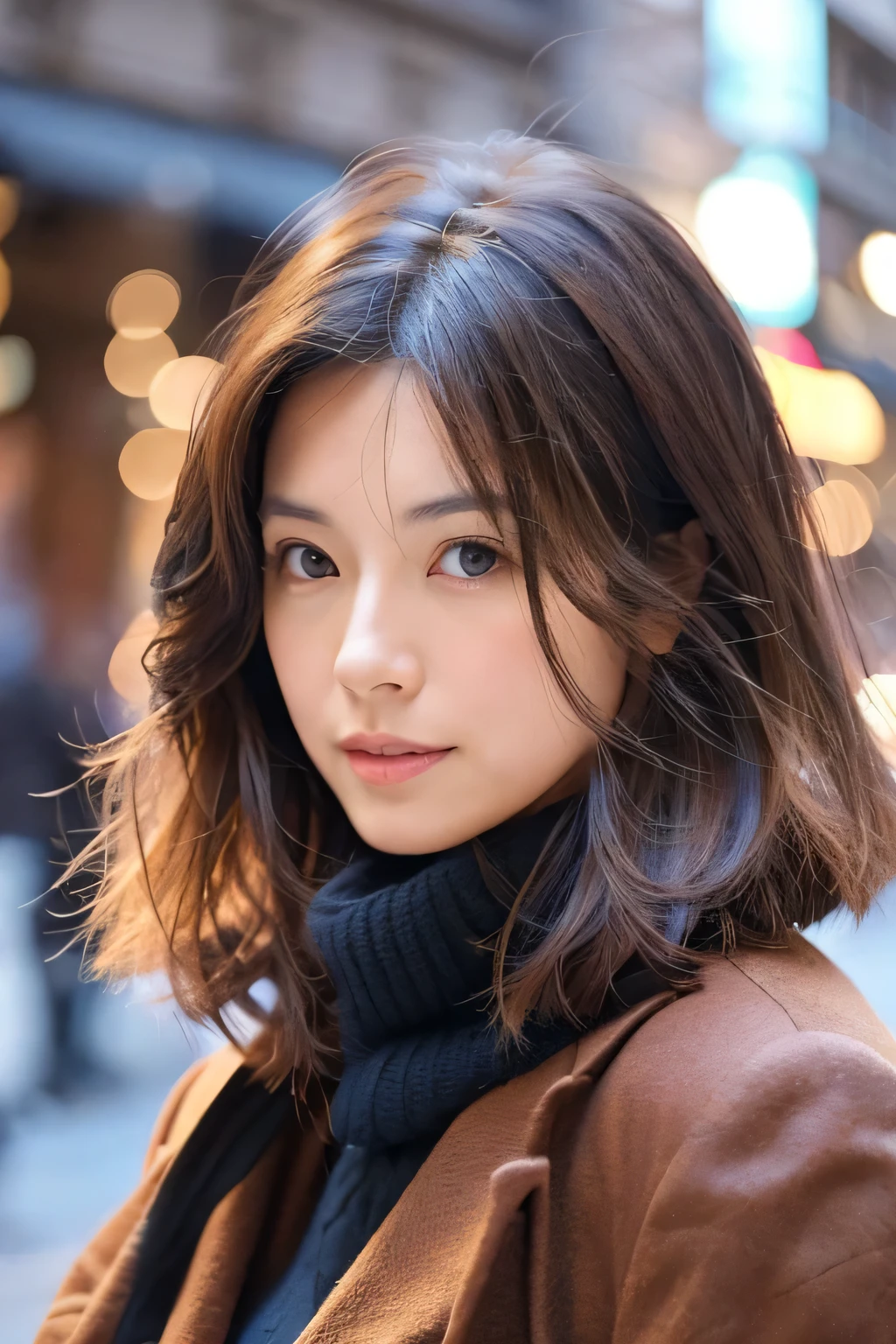 Create a hairstyle photo.
Please adhere to the following conditions Conditions Japanese woman in her 40s Hair color is dark brown Hair texture is slightly curly Autumn-like clothing Photographed from the front or diagonally from the side