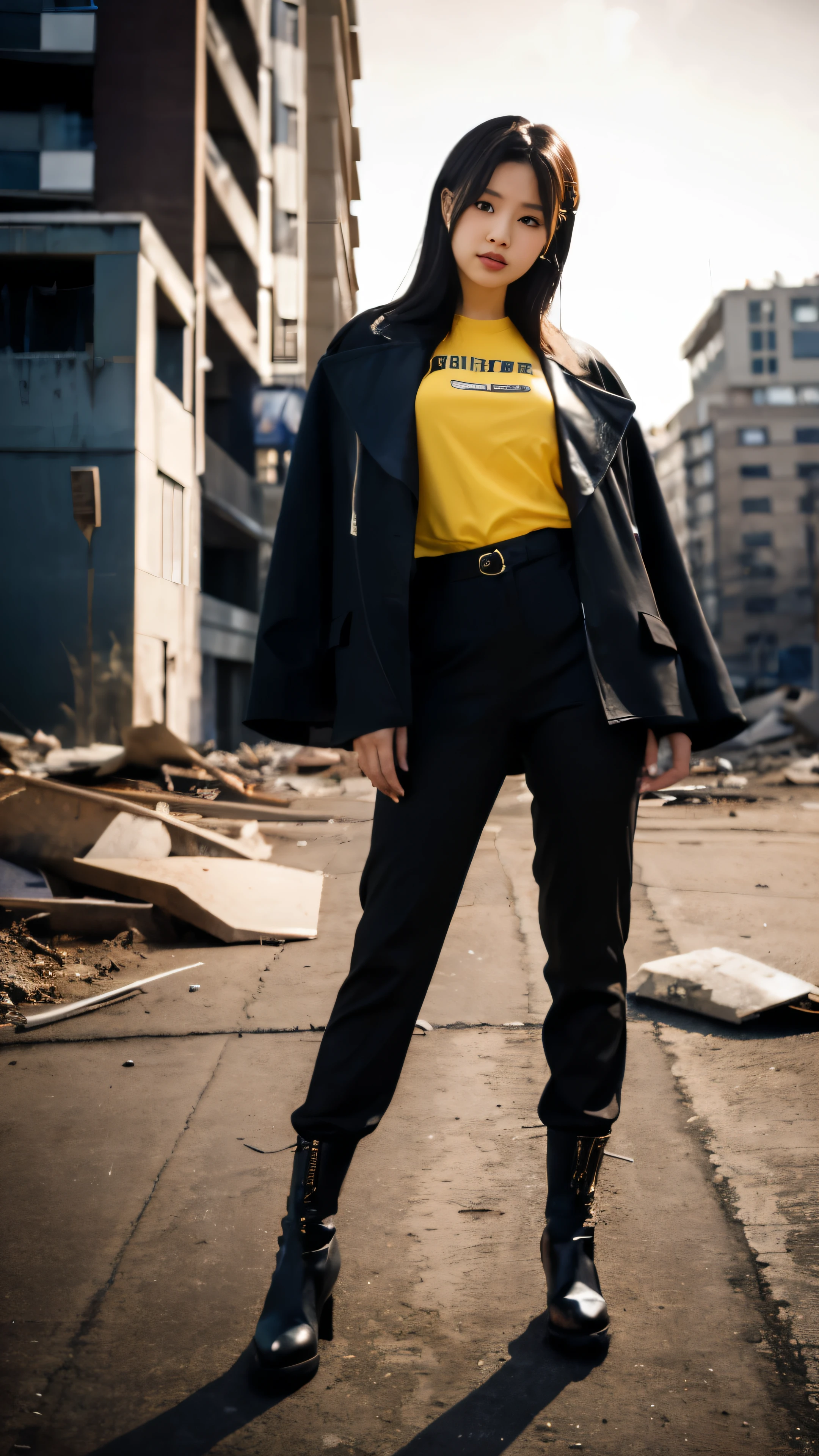 1girl, (shapely body), (solo), 19 years old, hdr, suit, Hwa Ryun stands in the semi-darkness of a ruined building surrounded by opponents. Her black robe sticks to her body, as if taking on a shadow, and the golden patterns on her mask shine in the dim light. Sharp, elegant blades flash in her hands.