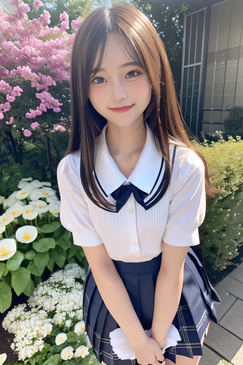 pieces fly、masterpiece、highest quality、Super detailed、High resolution、High resolution、8K portrait、unity 8k wallpaper、Detailed CG、unity 8k wallpaper、Detailed CGユニティ8kの壁紙、realistic、real person、portrait photography、shiny skin、(25 years old:1.2)、High resolution、beautiful clear eyes、very detailed explanation、delicate face、nice lips、thin waist、thin legs、1 girl、(garden:1.3)、(shirt, serafuku, crew_collar, school uniform, pleated skirt)、(big smile:1.2)、(stop temporarily:1.2)、(flat chest:1.4)
