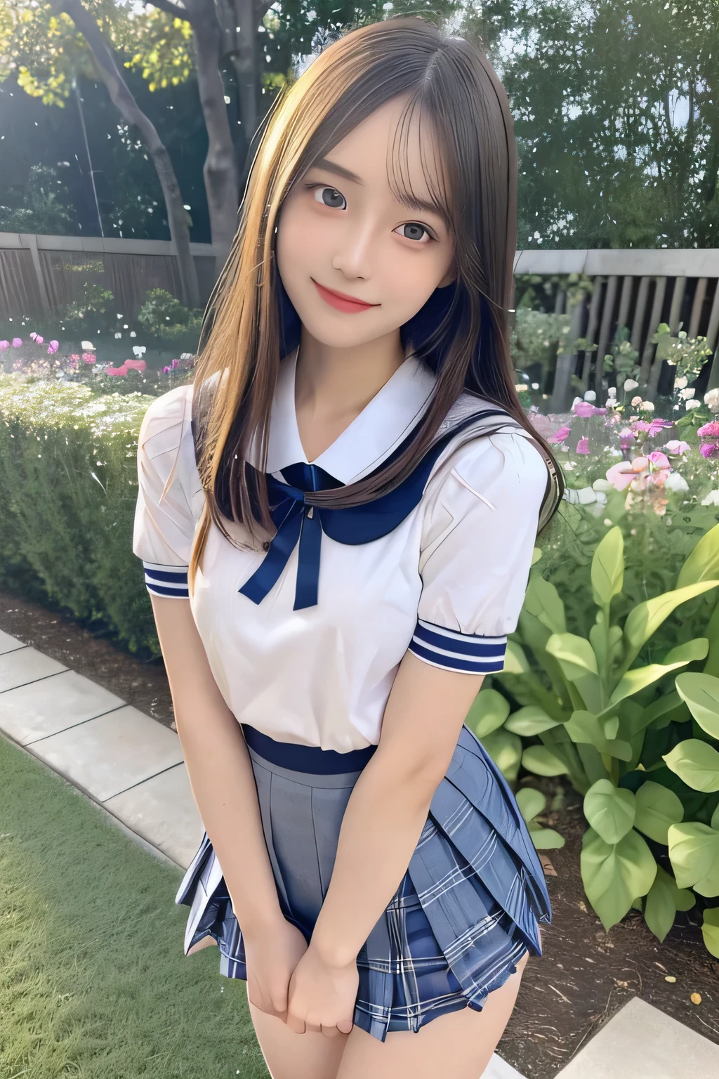 pieces fly、masterpiece、highest quality、Super detailed、High resolution、High resolution、8K portrait、unity 8k wallpaper、Detailed CG、unity 8k wallpaper、Detailed CGユニティ8kの壁紙、realistic、real person、portrait photography、shiny skin、(25 years old:1.2)、High resolution、beautiful clear eyes、very detailed explanation、delicate face、nice lips、thin waist、thin legs、1 girl、(garden:1.3)、(shirt, serafuku, crew_collar, school uniform, pleated skirt)、(big smile:1.2)、(stop temporarily:1.2)、(flat chest:1.4)
