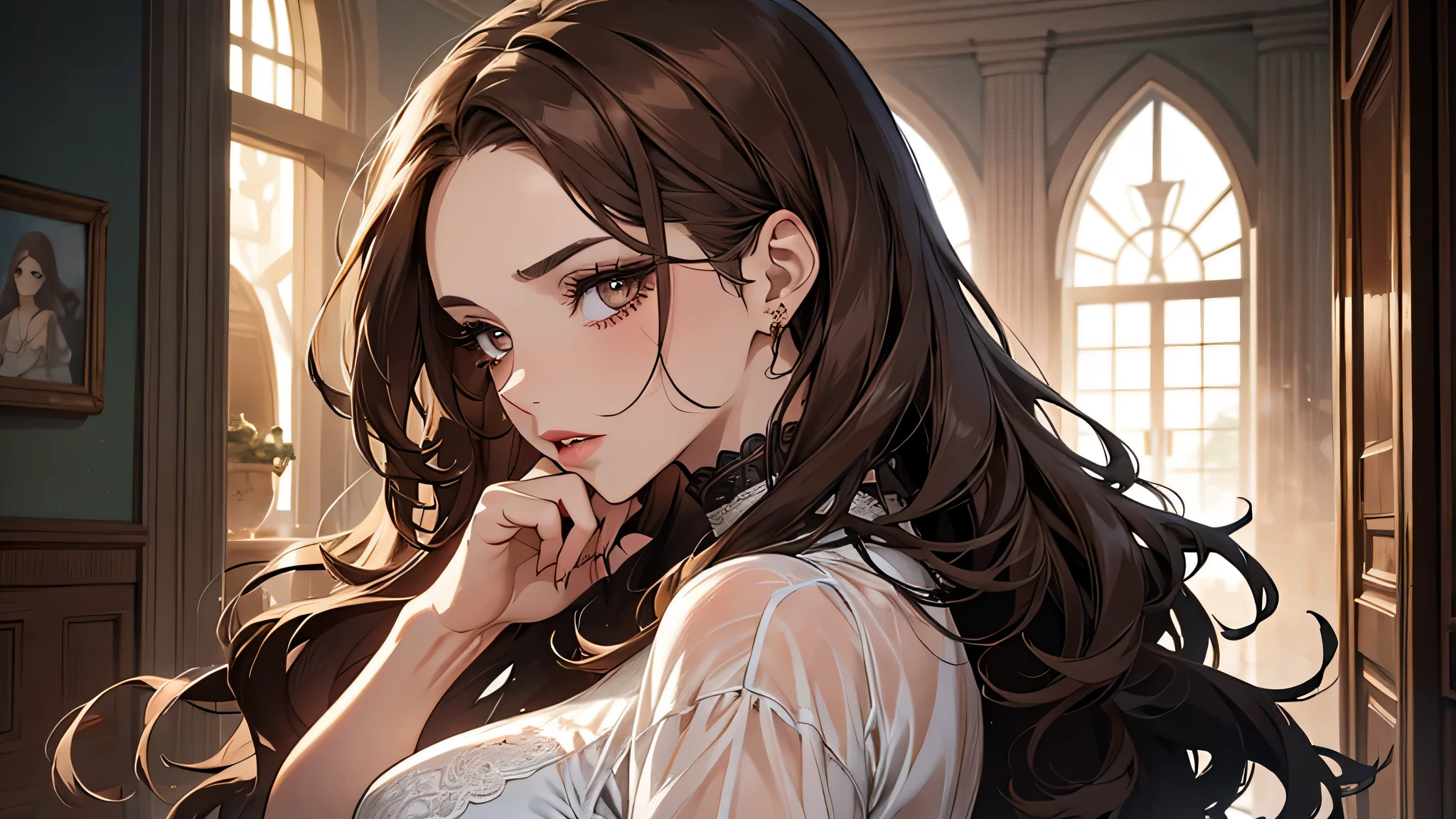 1girl, solo, ,looking at viewer,large breasts,portrait,from side,bad-girl, Long wavy brown hair, hazel eyes, red lips, nice eyeliner, beautiful long eyelashes, Elegant appearance, dressed in a white transparent gown, in the background a black legume room, The wrinkle on her forehead deepened even more, and Valeria shouted. She tell her father to keep quiet and she can’t concentrate if he’s so noisy and keep bargaing her bussines.