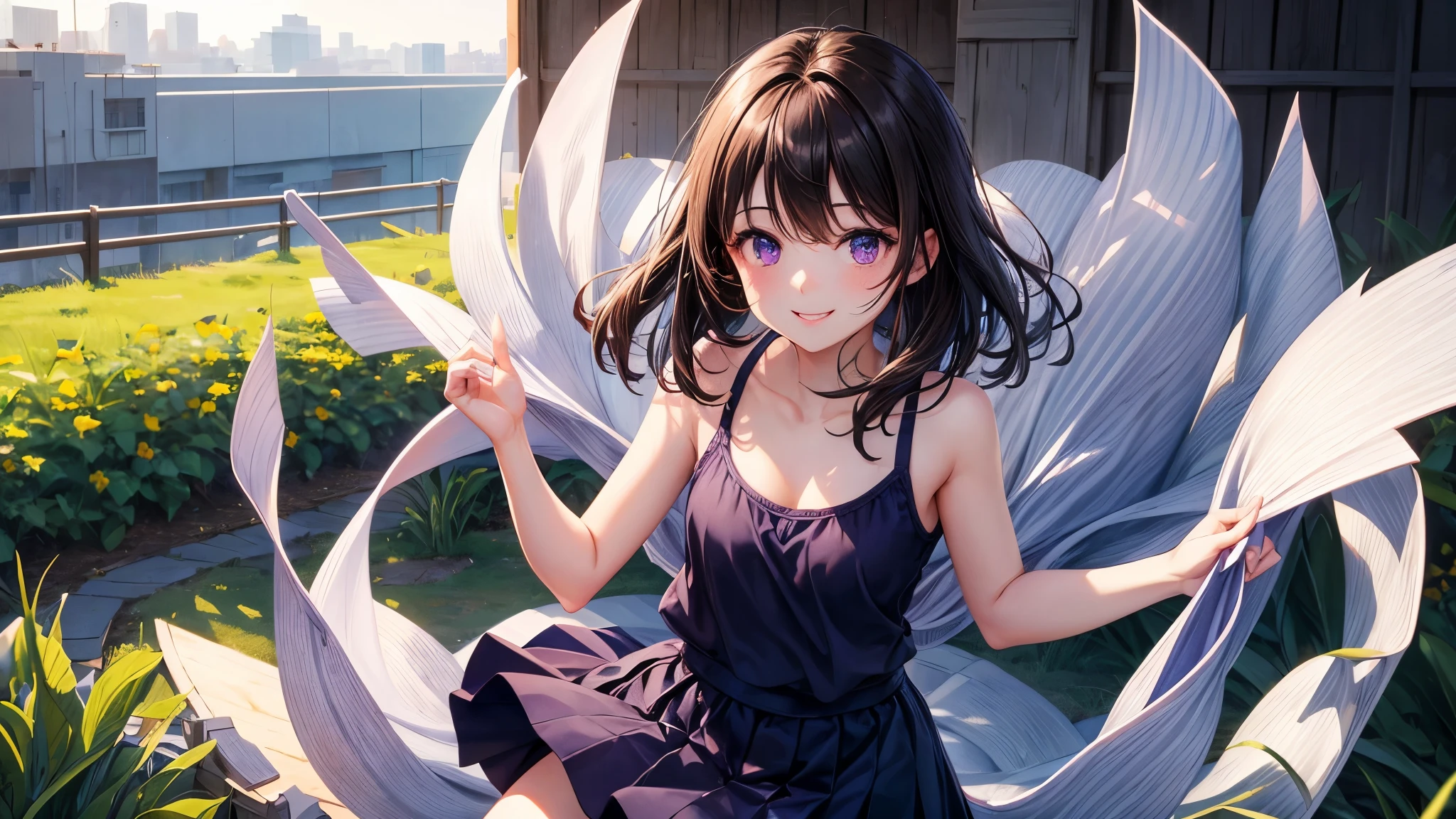 very cute girl、(girl、)、dark brown hair、cowboy shot、Violet eyes、smile、Crystal clear white skin、Navy blue tank top、navy blue blitz skirt、whole body、grassland、8K、4K、high resolution、Fine-grained、2 girls
。
