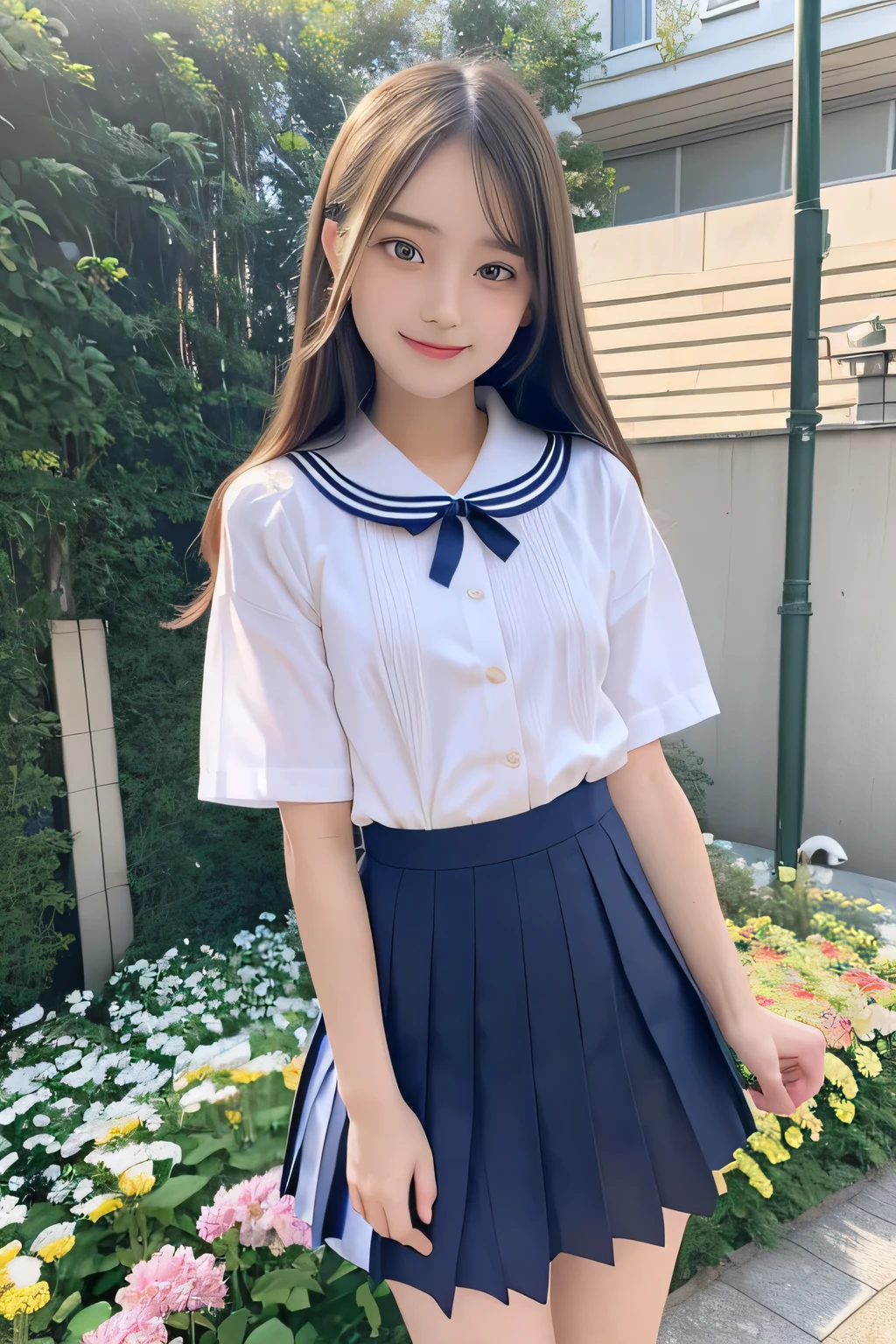 pieces fly、masterpiece、highest quality、Super detailed、High resolution、High resolution、8K portrait、unity 8k wallpaper、Detailed CG、unity 8k wallpaper、Detailed CGユニティ8kの壁紙、realistic、real person、portrait photography、shiny skin、(25 years old:1.2)、High resolution、beautiful clear eyes、very detailed explanation、delicate face、nice lips、thin waist、thin legs、1 girl、(garden:1.3)、(shirt, serafuku, crew_collar, school uniform, pleated skirt)、(big smile:1.2)、(stop temporarily:1.2)、(flat chest:1.4)